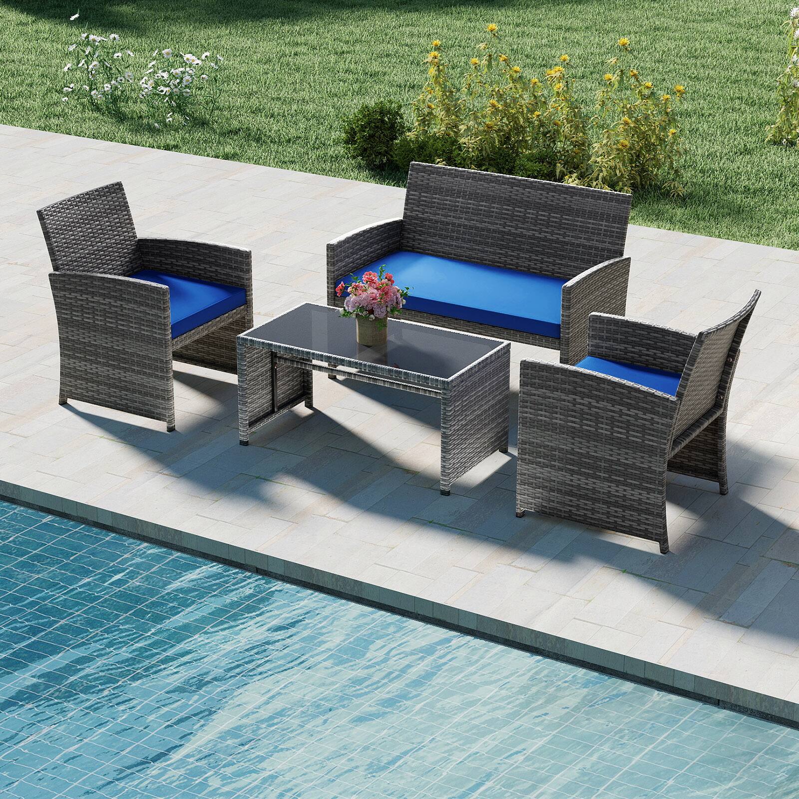 Alt View 4. Gymax - Gymax 4PCS Patio Outdoor Rattan Conversation Furniture Set w/ Navy Cushion - Navy.