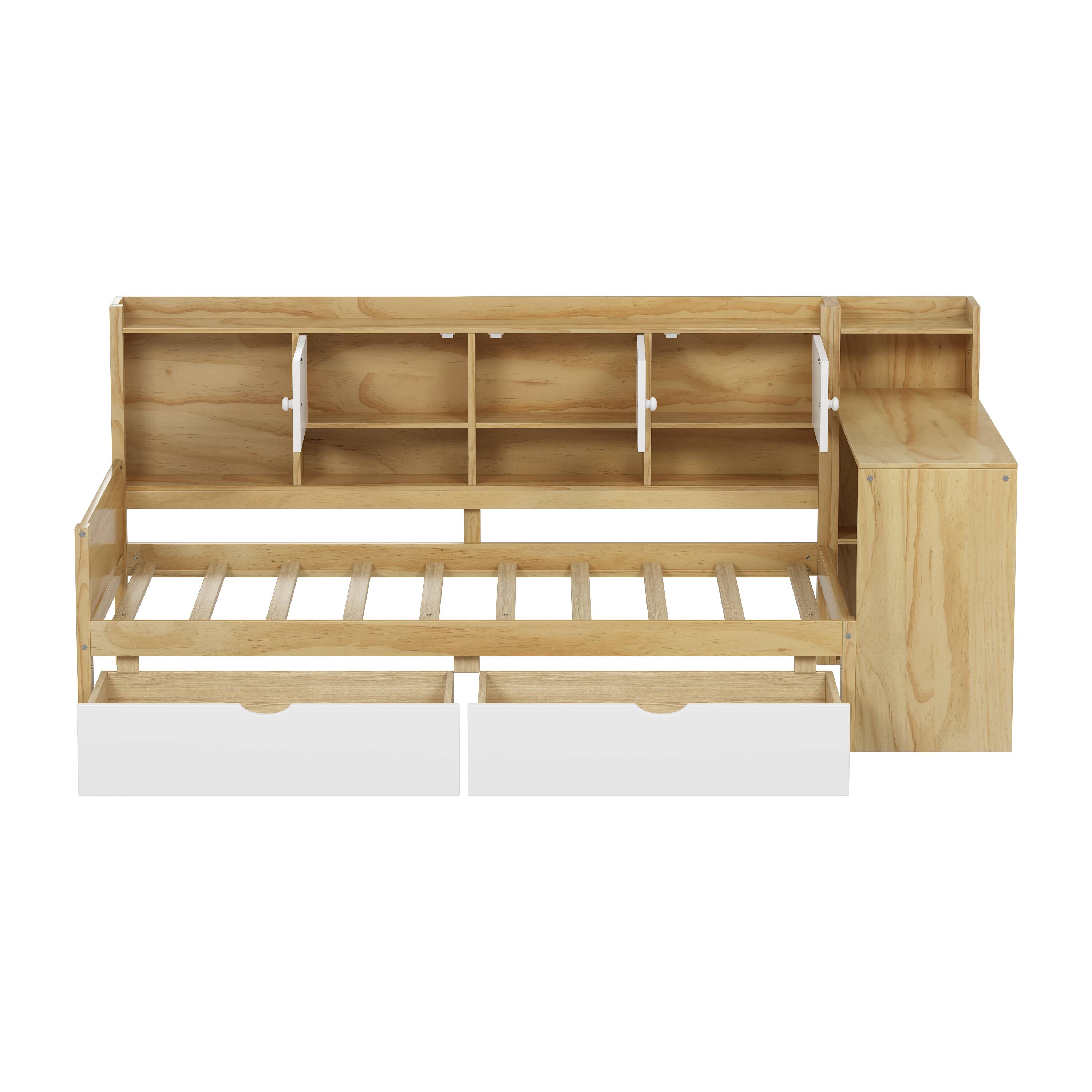 Back. Tiramisubest - Wooden L-Shape Daybed with Storage Cabinets and Drawers, Multi-functional Bed with Study Desk and Built-in Bookshelf - Natural+White.