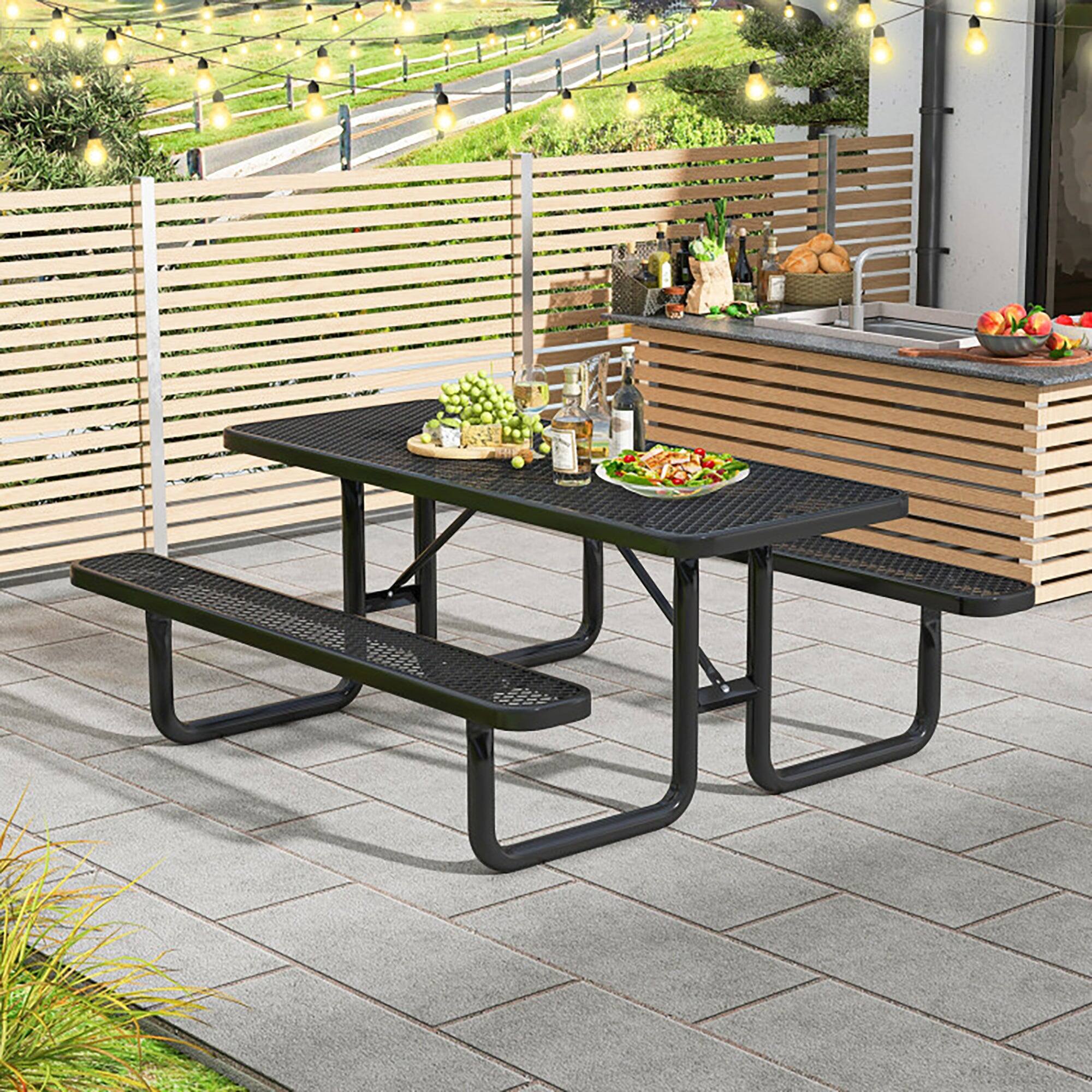 Alt View 1. Boyel Living - Outdoor Picnic Table and Bench Set for 8 Person with Seats and Mesh Grid - Black.