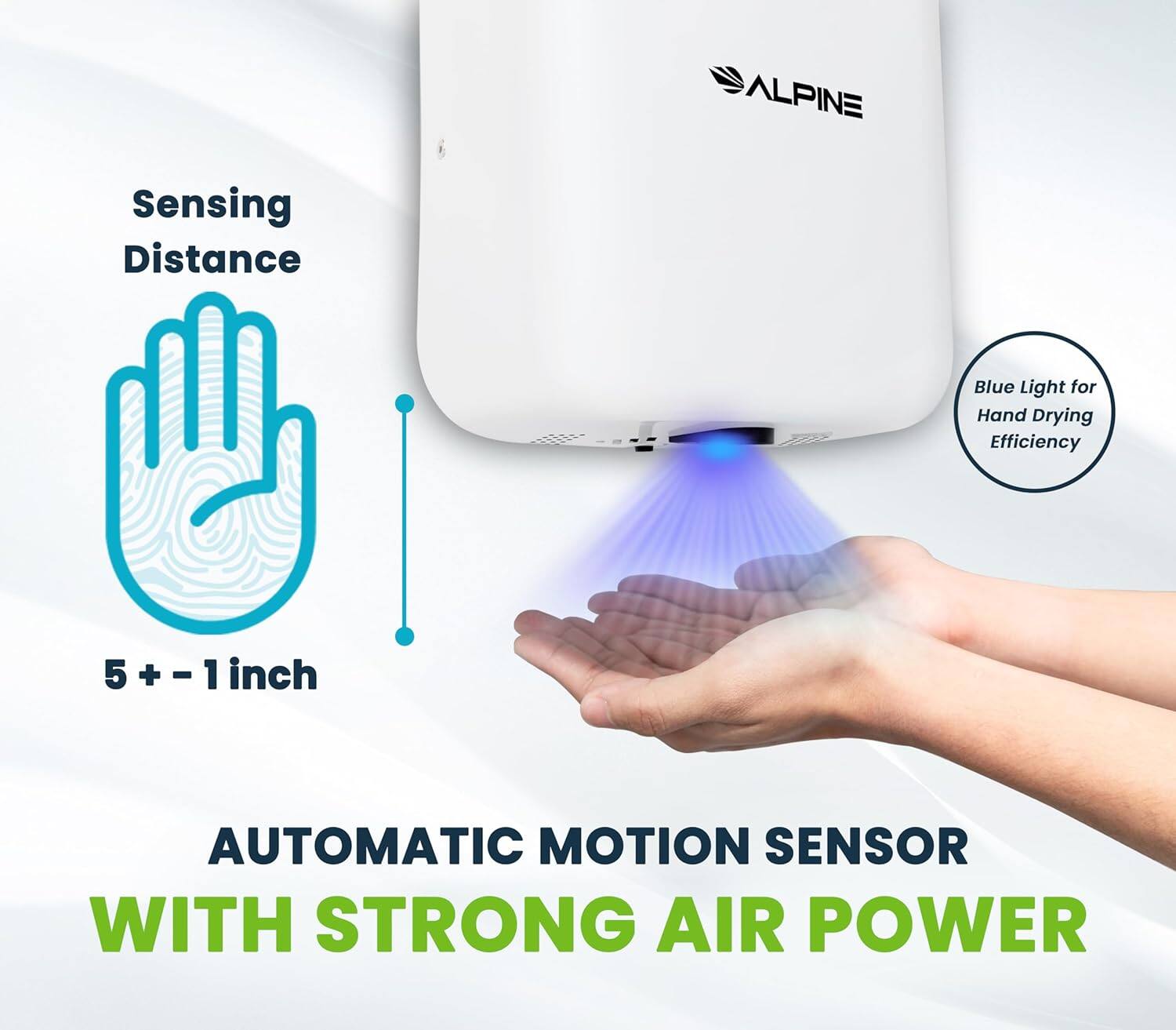 ALPINE Sensing Distance Blue Light for Hand Drying Efficiency 5+ -1 inch Automatic Motion Sensor with Strong Air Power