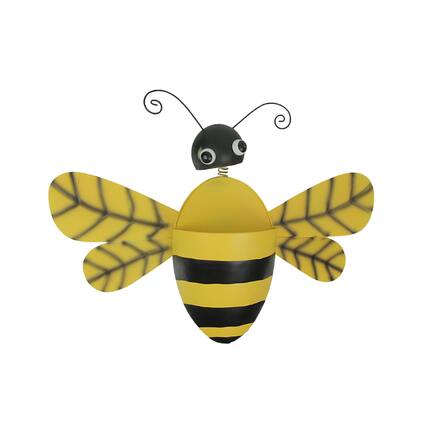 Front. Special T Imports - Black & Yellow Metal Bumble Bee Wall Pocket Planter Rustic Decorative Plant Vase - Yellow.