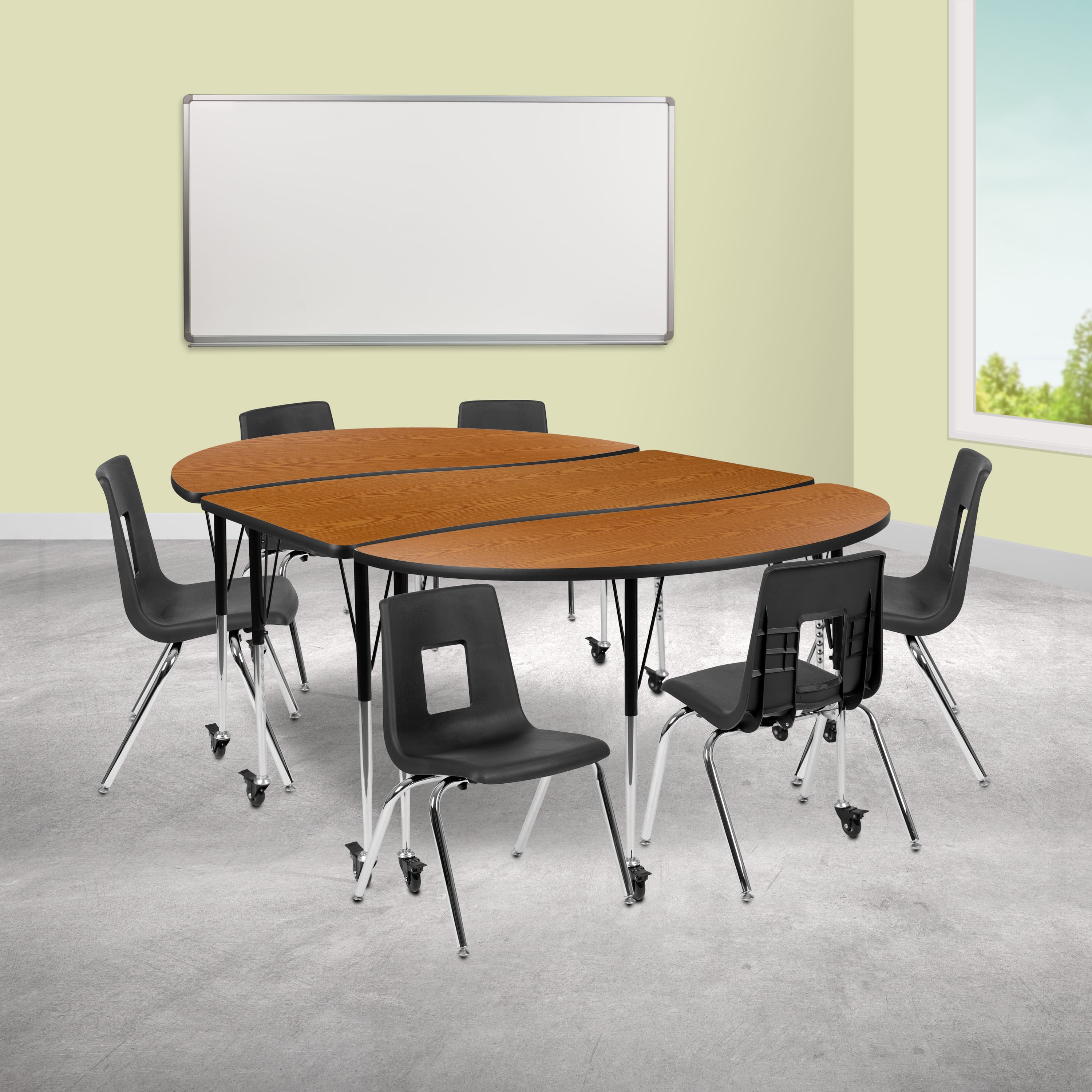 "Emma + Oliver - Mobile 86"" Oval Wave Collaborative Laminate Activity Table Set with 16"" Student Stack Chairs - Oak" price history on PriceWatchPro