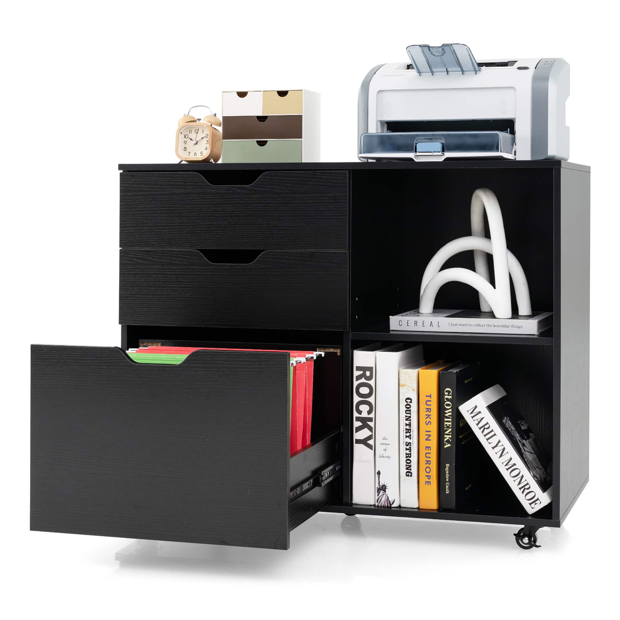 Gymax - 3-Drawer Mobile File Cabinet w/ Open Adjustable Storage Shelf for Home Office - Black