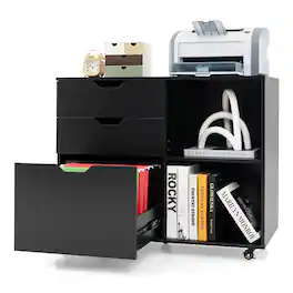 Gymax - 3-Drawer Mobile File Cabinet w/ Open Adjustable Storage Shelf for Home Office - Black