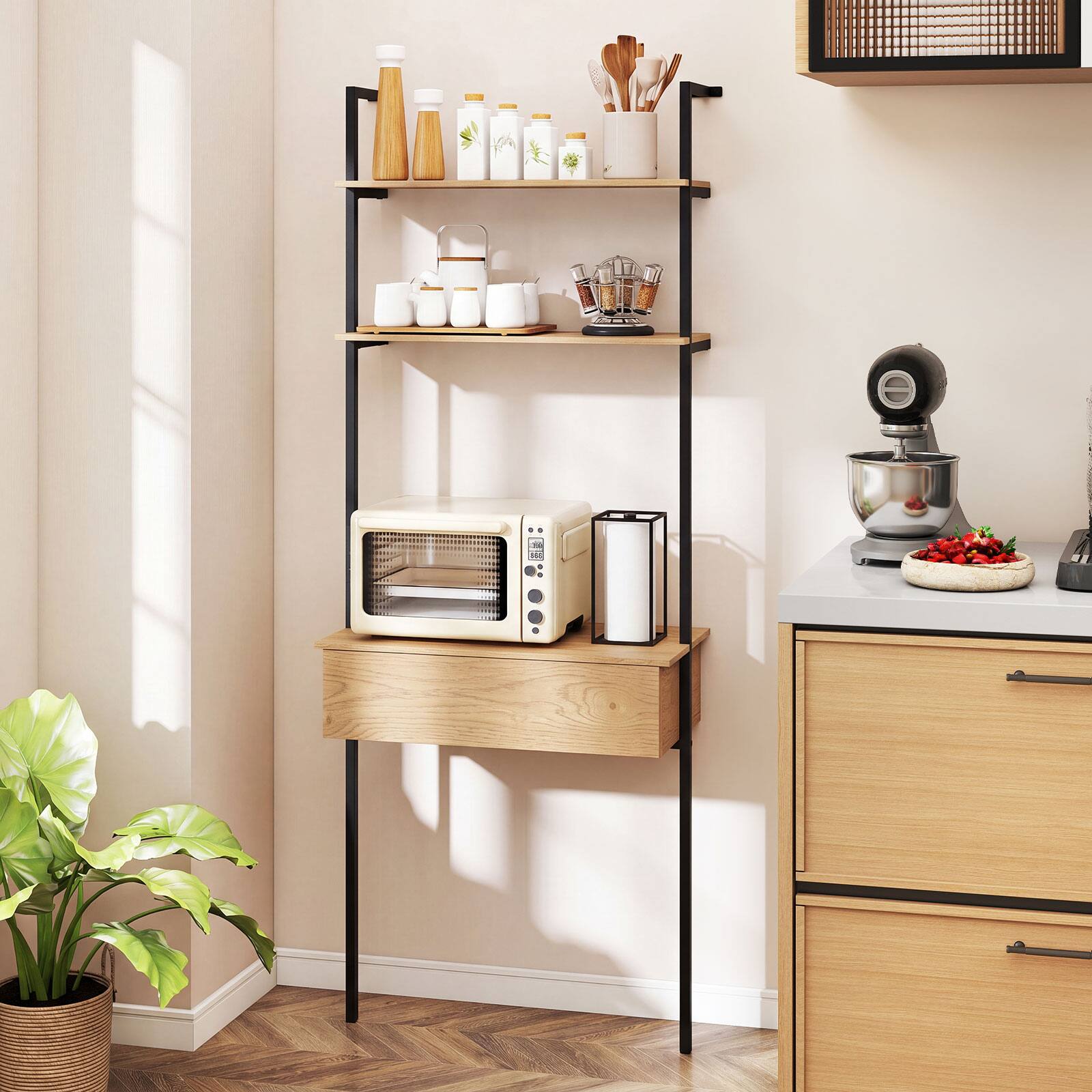 Alt View 4. Costway - Costway 1 PCS 3-Tier Ladder Bookshelf with Roomy Drawer & Sturdy Metal Frame, 2 Anti-Tipping Kits - Natural + Black.