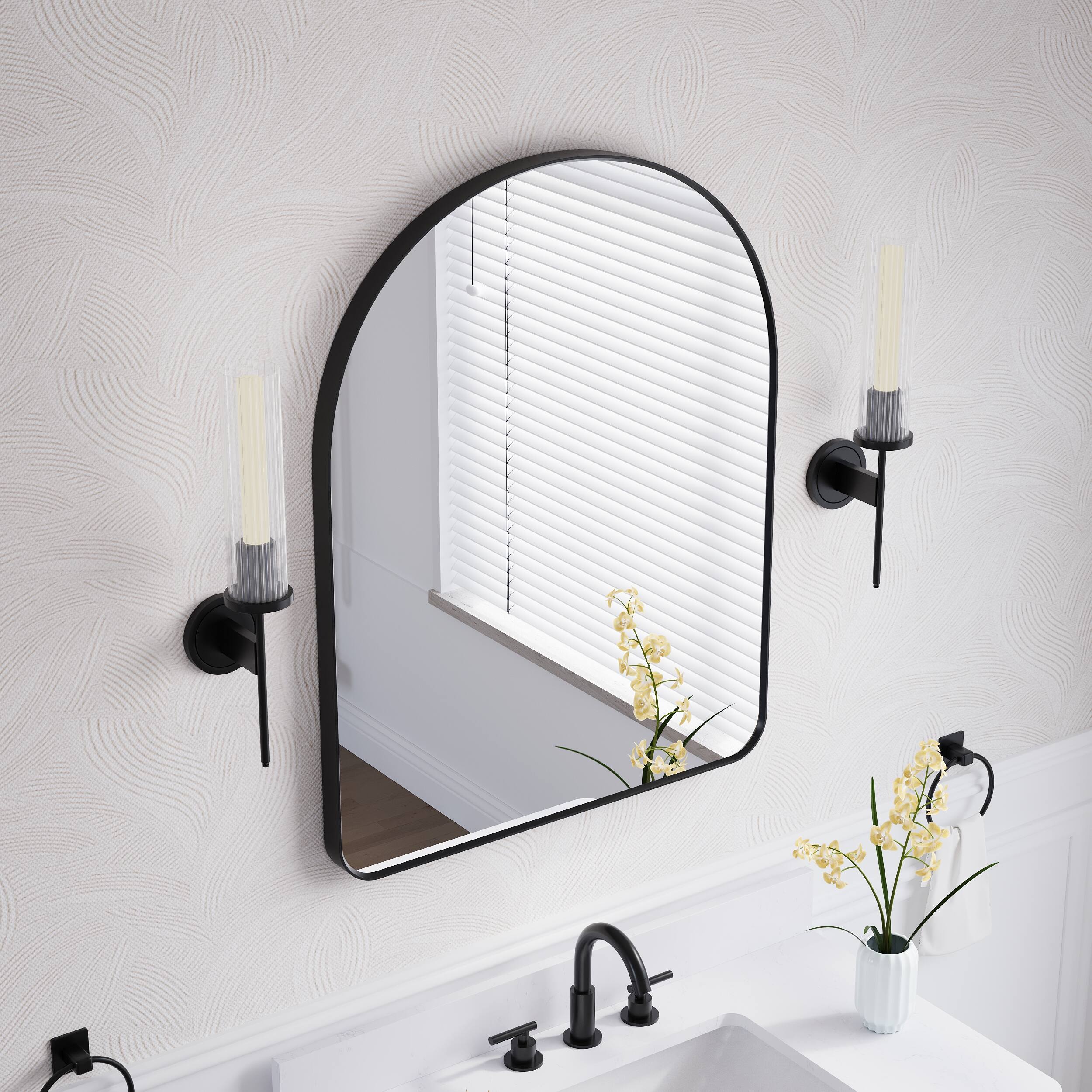 Back. WELLFOR - 28 in. W x 36 in. H Arch Anodized Aluminum Framed Bathroom Vanity Mirror - Matte Black.
