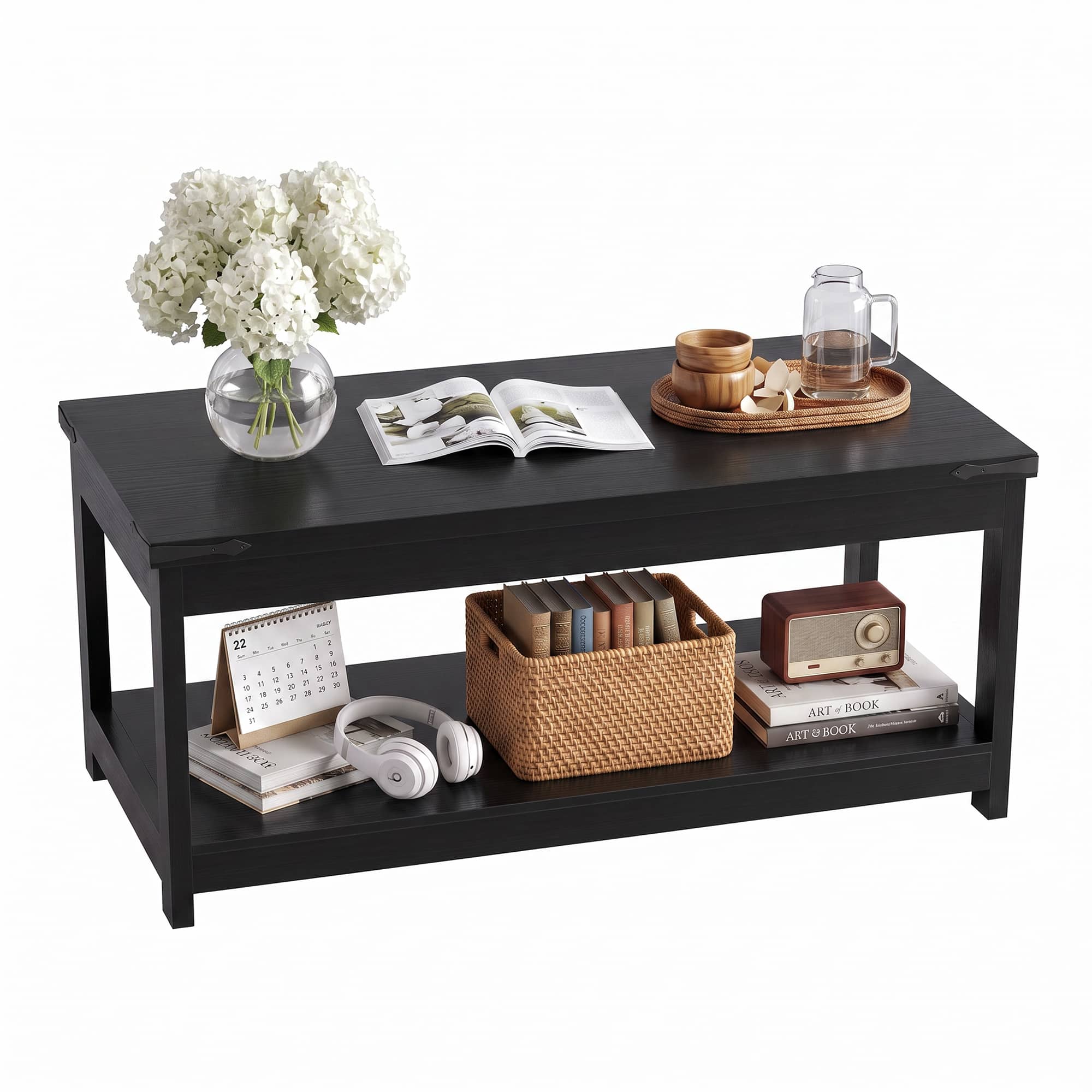 Aheaplus - 43.3" Wood Farmhouse Coffee Table with Storage Shelf, Modern Living Room Centerpiece - Black