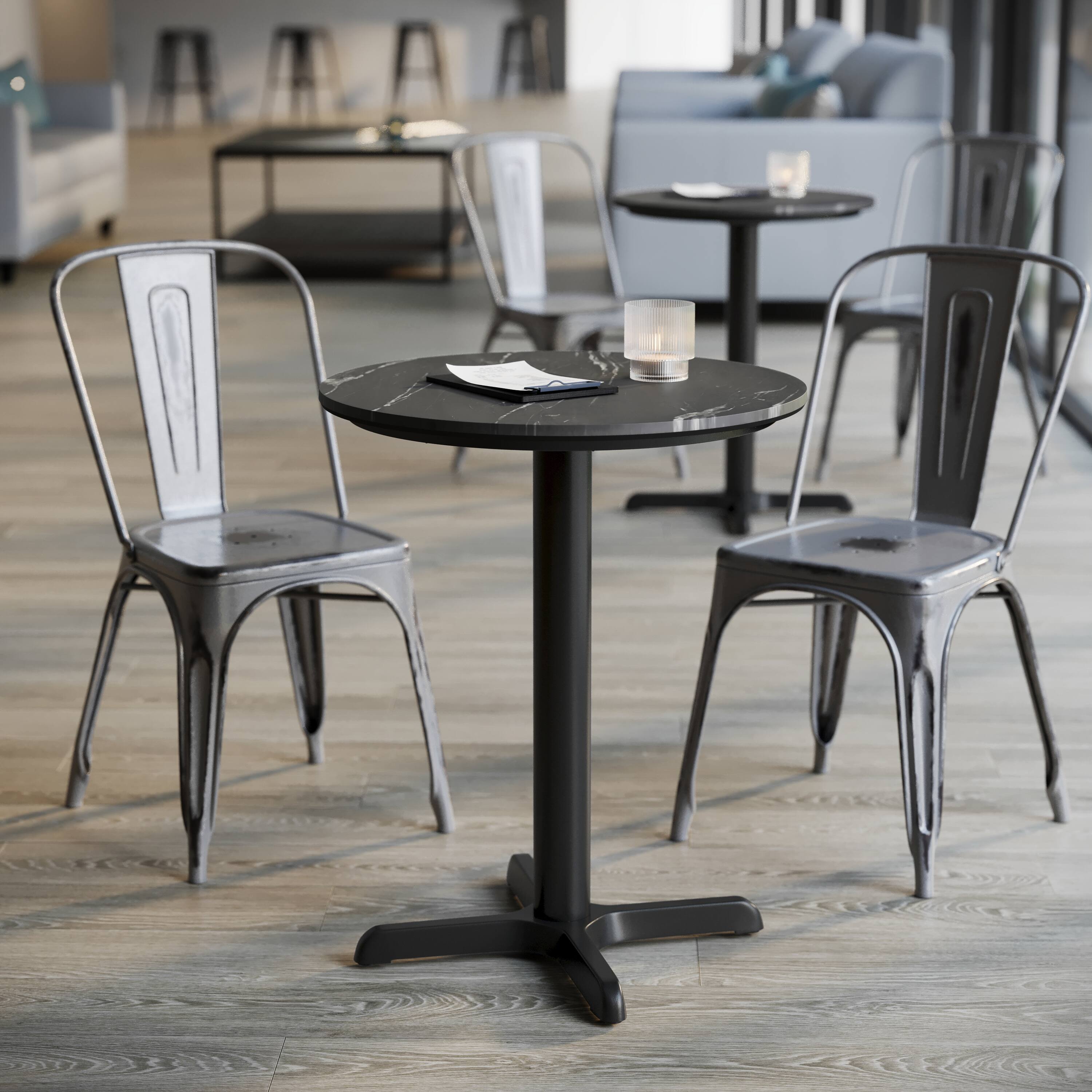 Alt View 4. Emma + Oliver - PureShield Tabletop with Seam-Free Surface Innovation and Table Height X-Base - Black Faux Marble/Black Base.