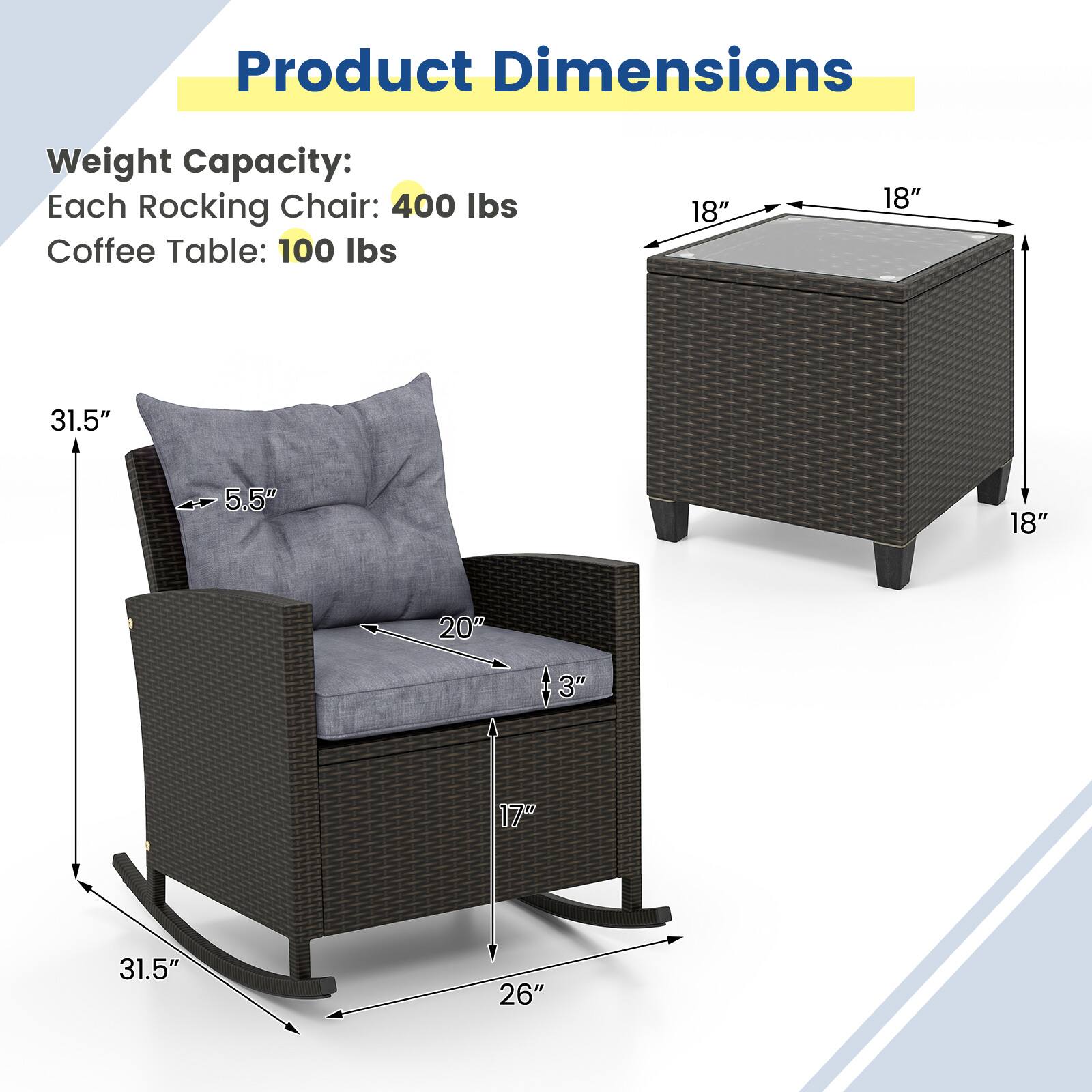 Product Dimensions

Weight Capacity:
Each Rocking Chair: 400 lbs
Coffee Table: 100 lbs

18" x 18" x 18" (Coffee Table)
31.5" x 5.5" x 20" x 17" x 31.5" x 26" (Rocking Chair)