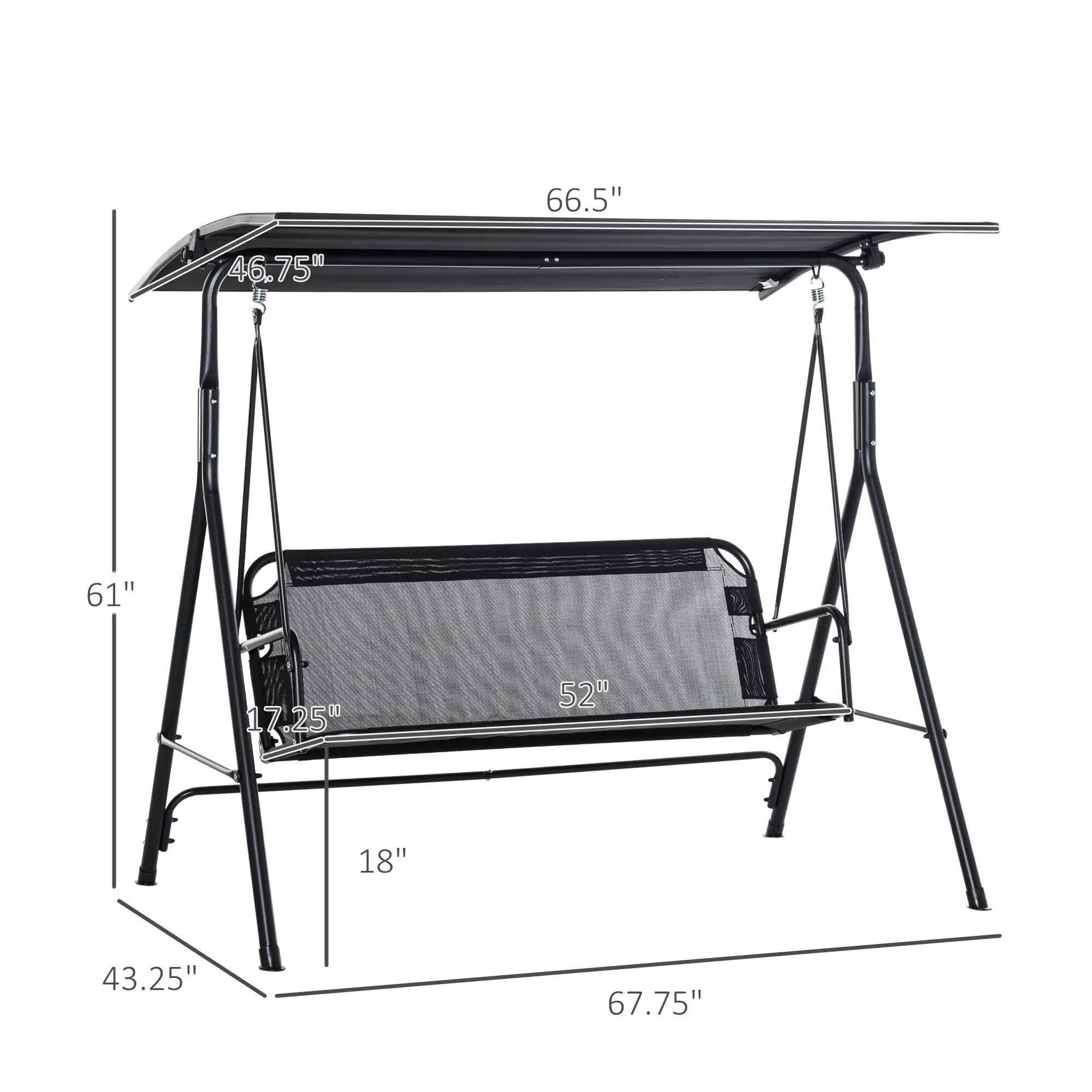 The dimensions of the hammock stand are as follows:

- Length: 67.75"
- Width: 46.75"
- Height: 66.5"
- Seat width: 52"
- Seat depth: 18"
- Seat height from the ground: 17.25"
- Base width: 43.25"