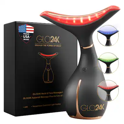 PROUD USA BRAND
GLO24K
UNLEASH THE POWER OF GOLD
GLO24K Neck & Face Massager
GLO24K Appareil Massage Pour le Cou et le Visage
- LED
- Temperature Controlled Light Heating