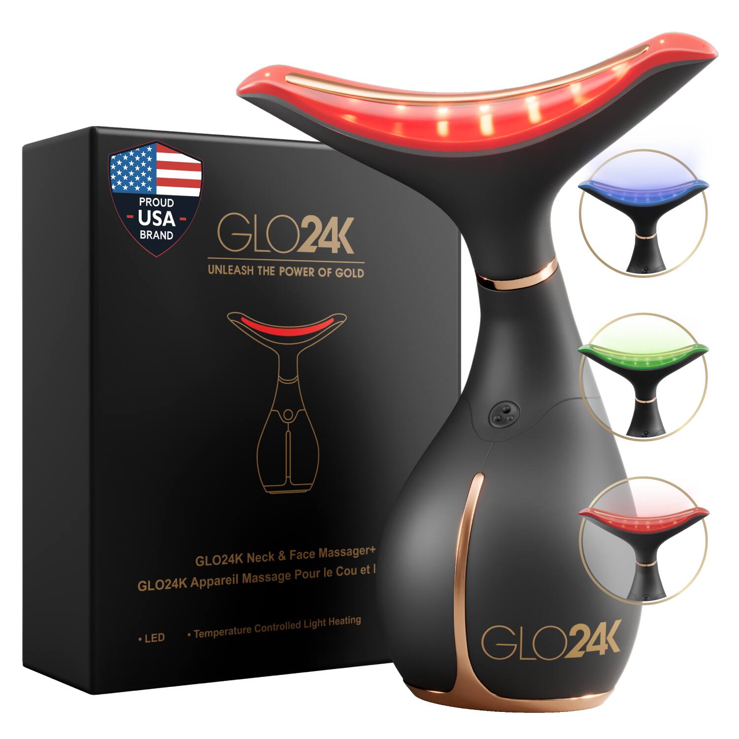 PROUD USA BRAND  
GLO24K  
UNLEASH THE POWER OF GOLD  

GLO24K Neck & Face Massager  
GLO24K Appareil Massage Pour le Cou et le Visage  

- LED  
- Temperature Controlled Light Heating