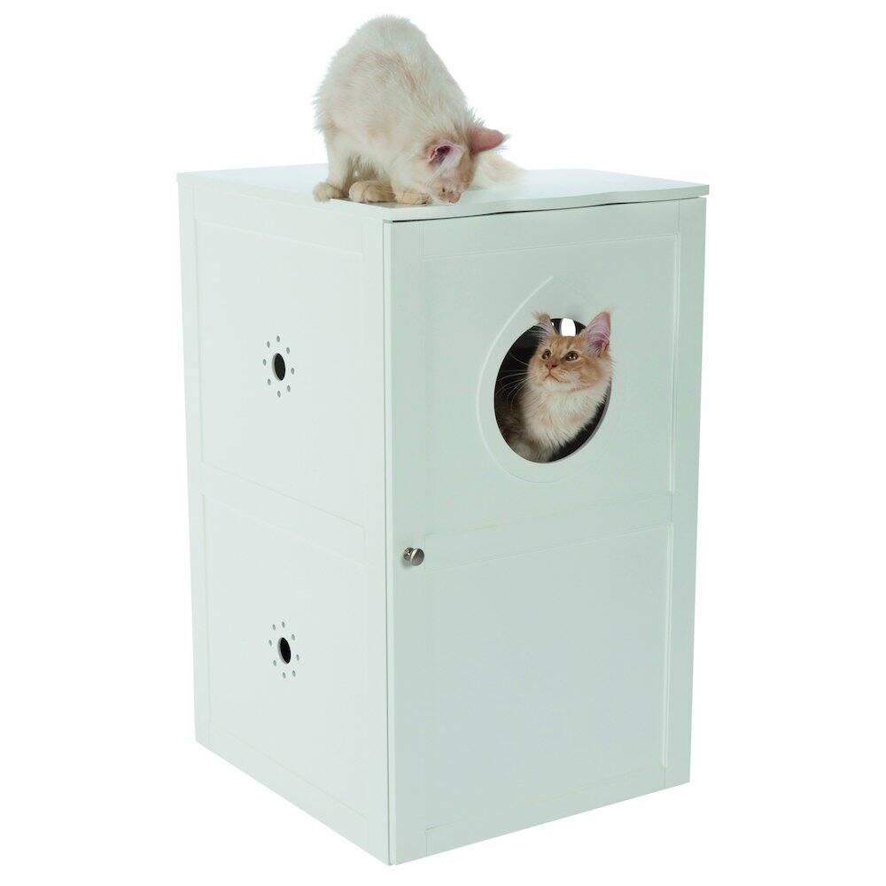 Left. TRIXIE - 2-Story Cat Litter Box Enclosure Hidden Litter Indoor Cat Furniture Accent Table - White.