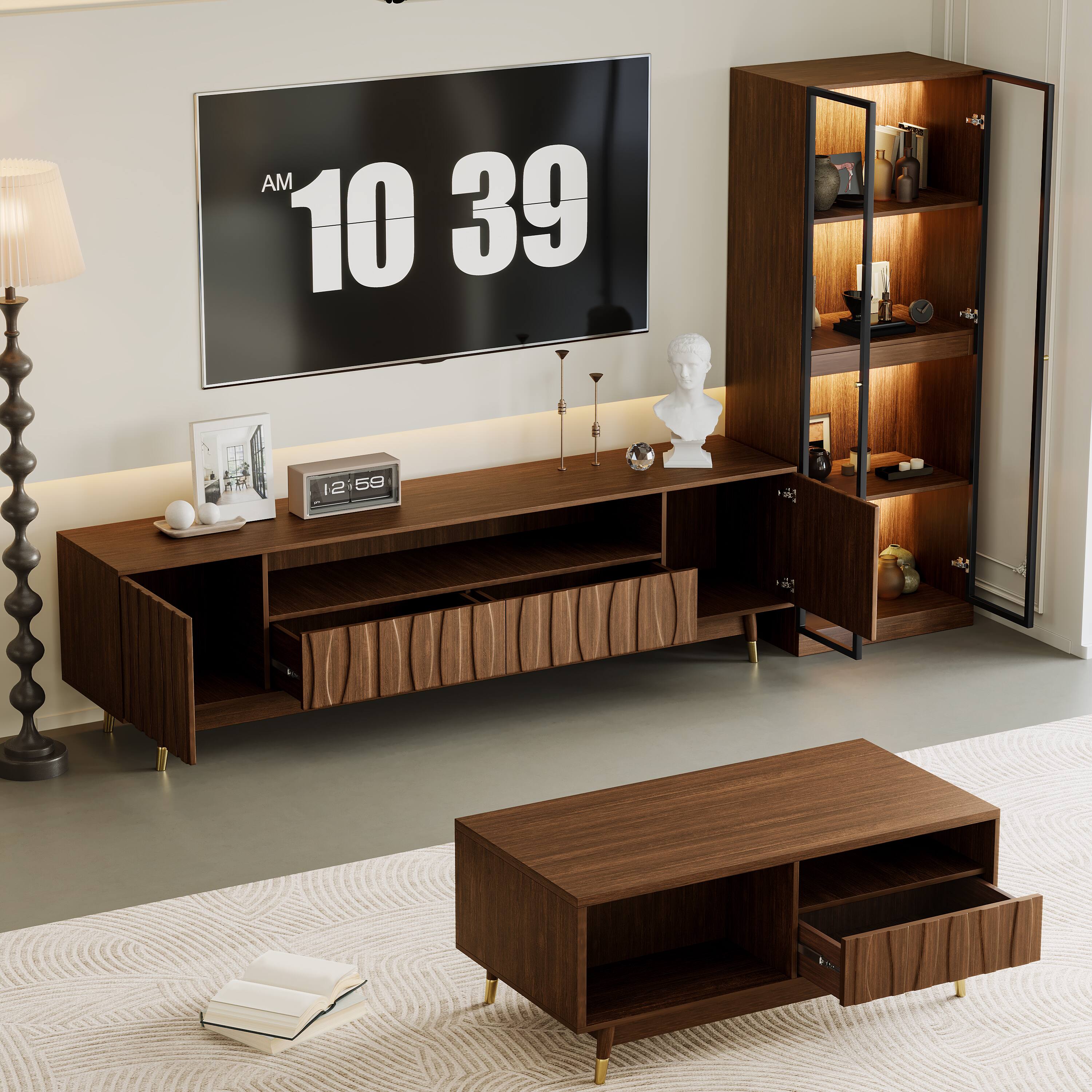 Alt View 1. MSOOB - 3-Piece Mid-Century Modern Wood Entertainment Center TV Stand And Coffee Table Set With Glass Display Cabinet - brown.