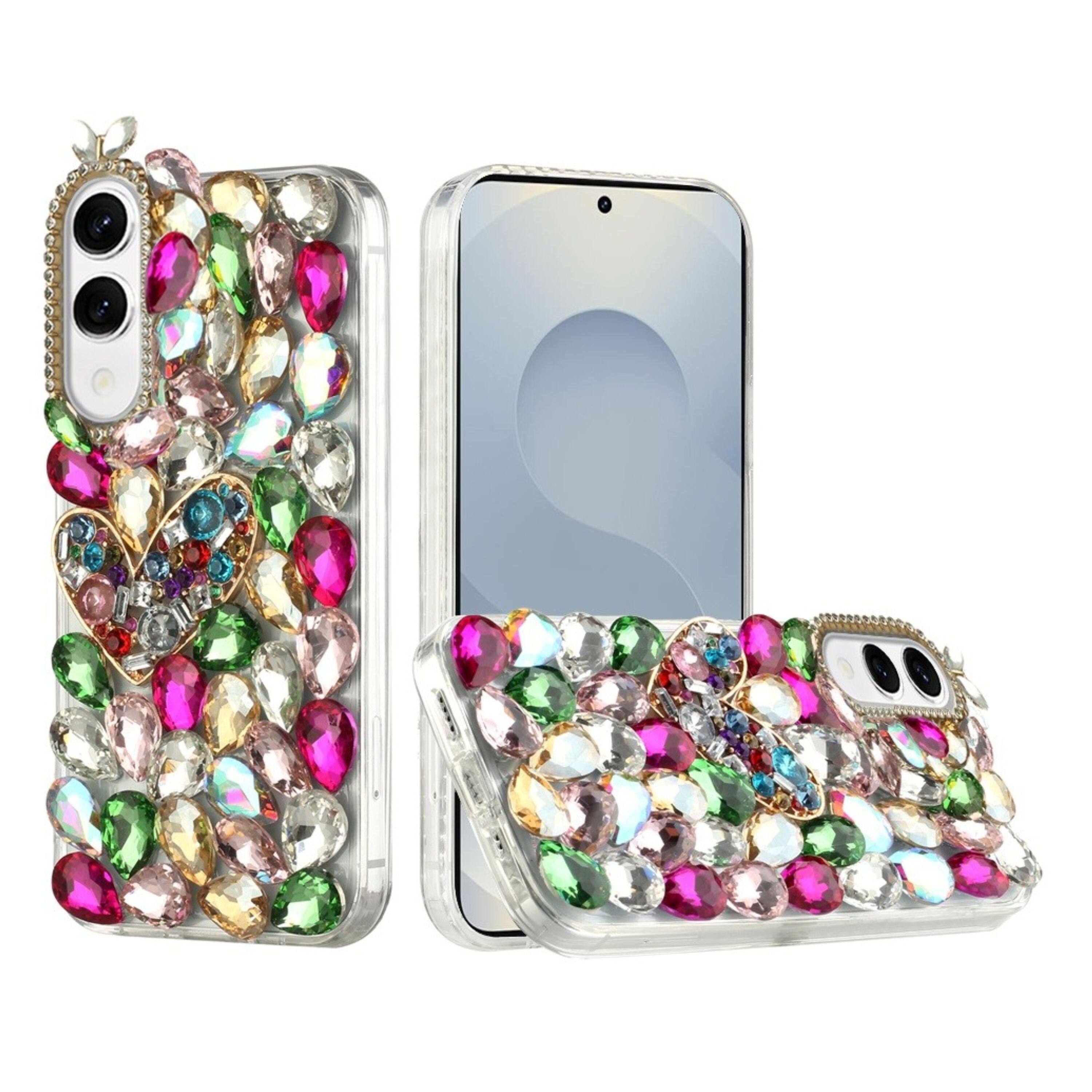 Angle. Kitcheniva - Full Diamond Bling 3D Jewel Ornaments With Tempered Glass For Samsung Galaxy S25 Edge Colorful With Heart - Multicolor.