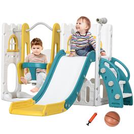 Qaba - 6 in 1 Toddler Slide and Swing Set, Baby Slide, Age 1-3, Basketball Hoop, Climber, Storage Space, Telescope, Indoor