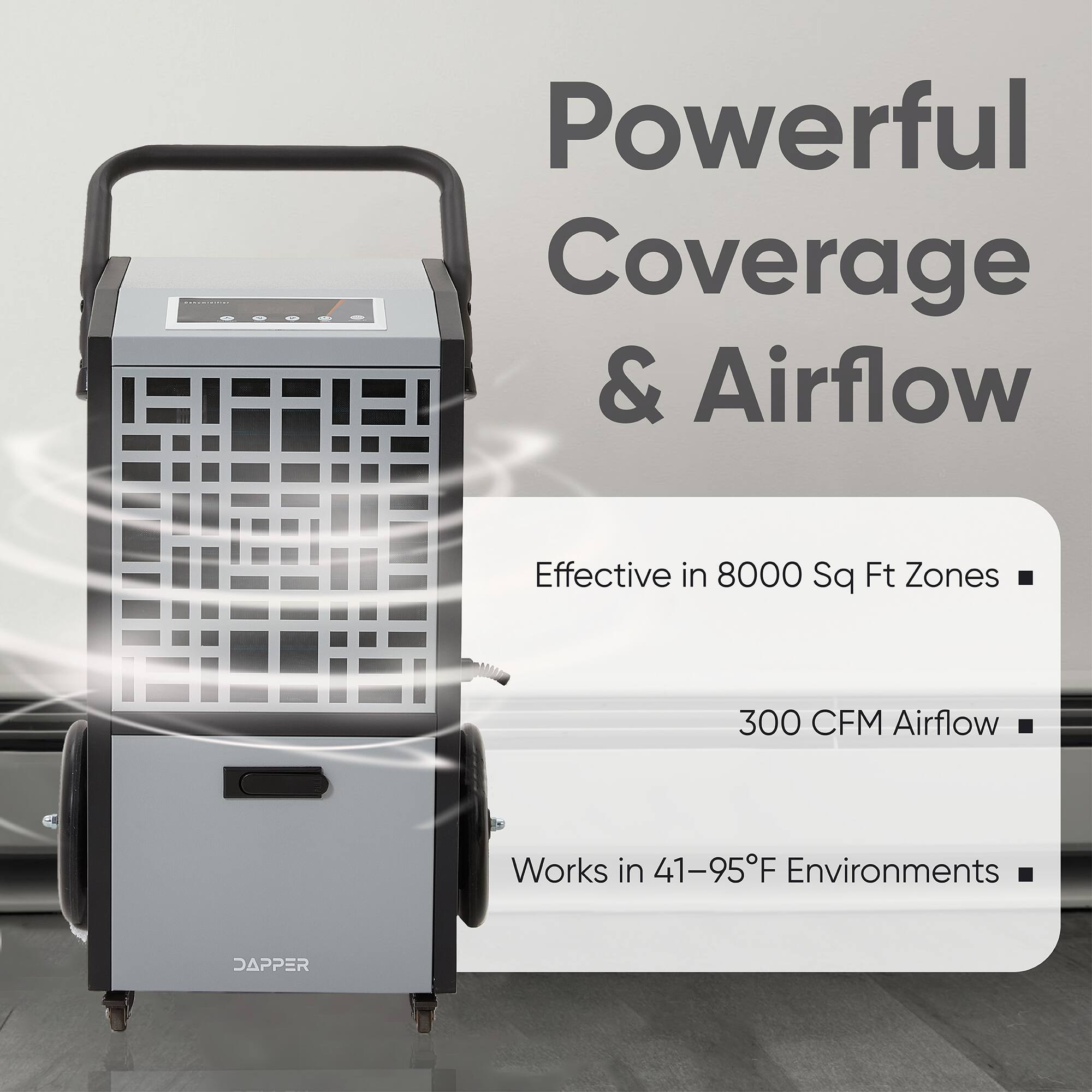Powerful Coverage & Airflow  
Effective in 8000 Sq Ft Zones  
300 CFM Airflow  
Works in 41-95°F Environments  
DAPPER