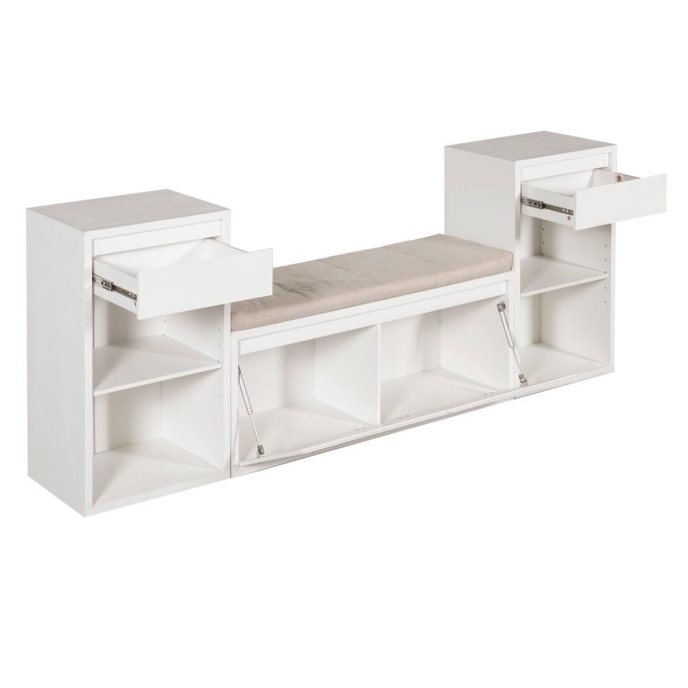 Alt View 10. Ropilly - Ropilly White Entryway Storage Bench with Cushion Drawers and Open Shoe Shelves - White.