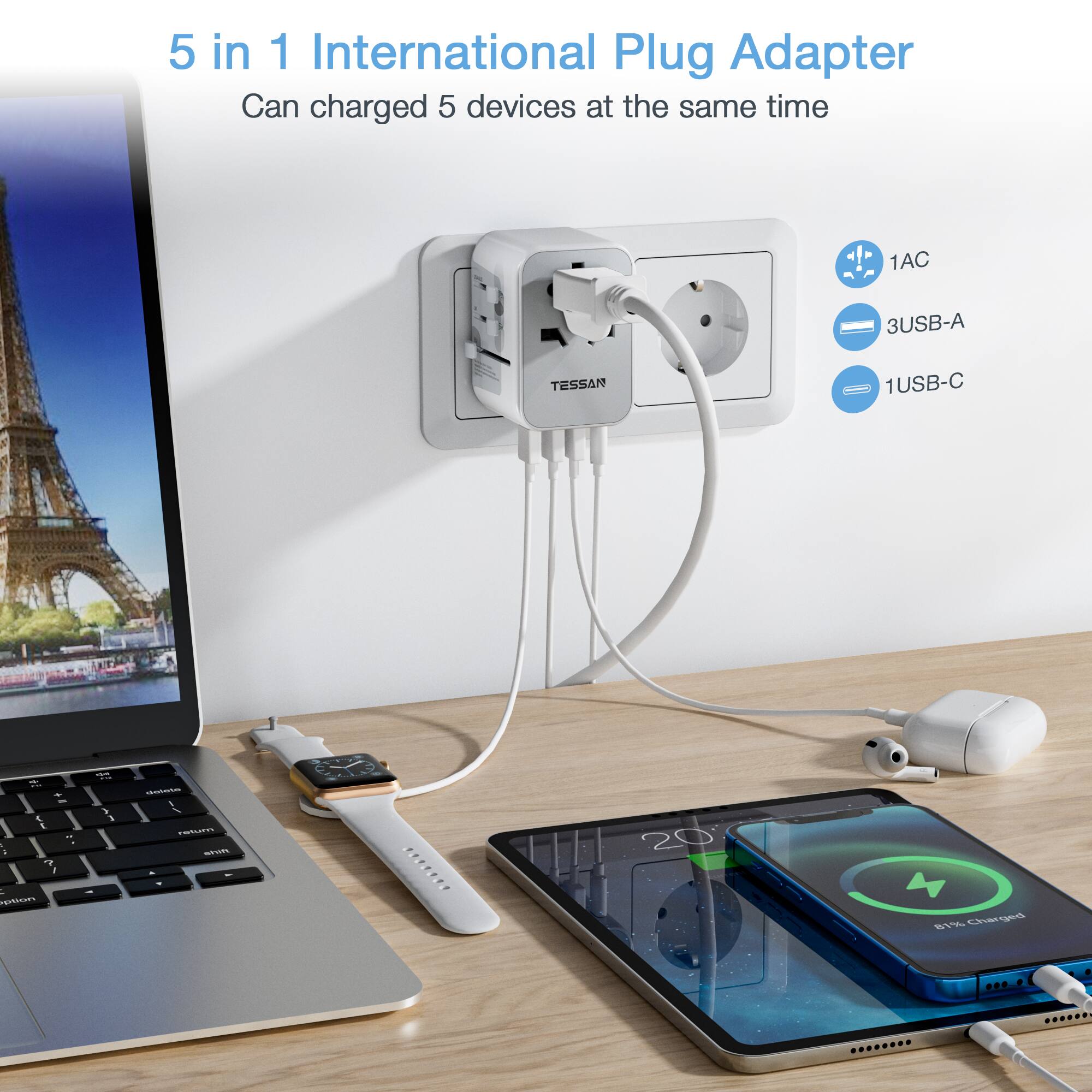 5 in 1 International Plug Adapter  
Can charge 5 devices at the same time  
1AC  
3USB-A  
1USB-C  

TESSAN