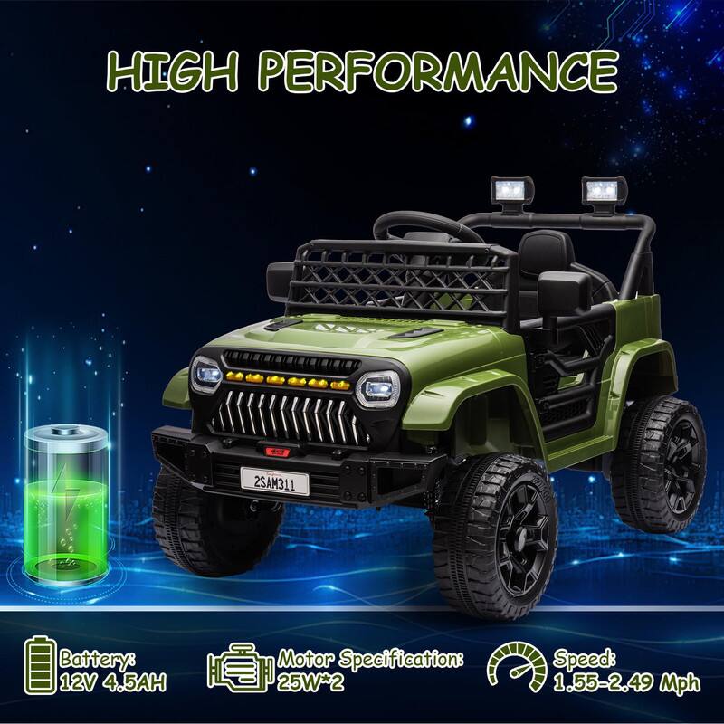 HIGH PERFORMANCE

Battery: 12V 4.5AH

Motor Specification: 25W*2

Speed: 1.55-2.49 Mph