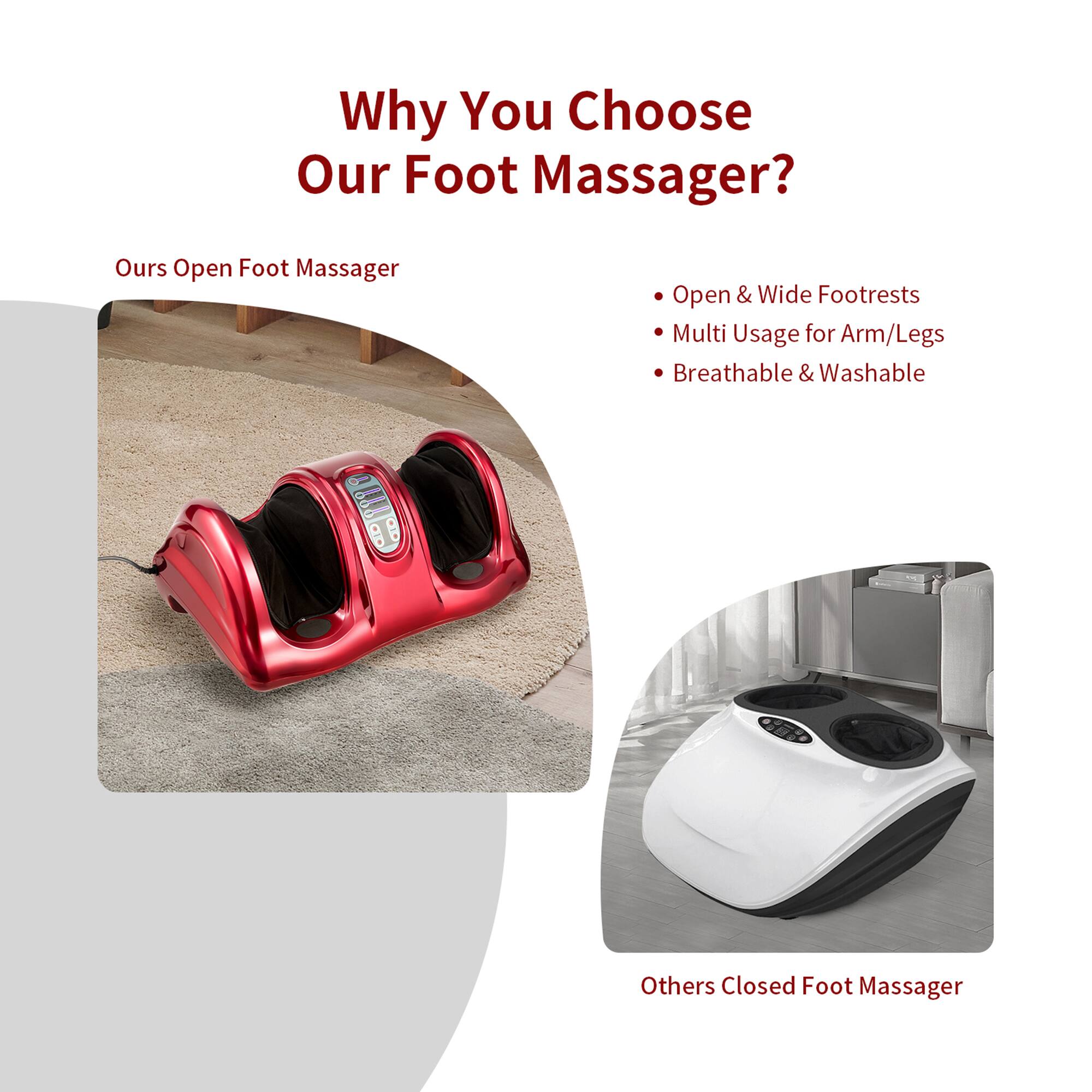 Why You Choose Our Foot Massager?

- Ours Open Foot Massager
  - Open & Wide Footrests
  - Multi Usage for Arm/Legs
  - Breathable & Washable

- Others Closed Foot Massager