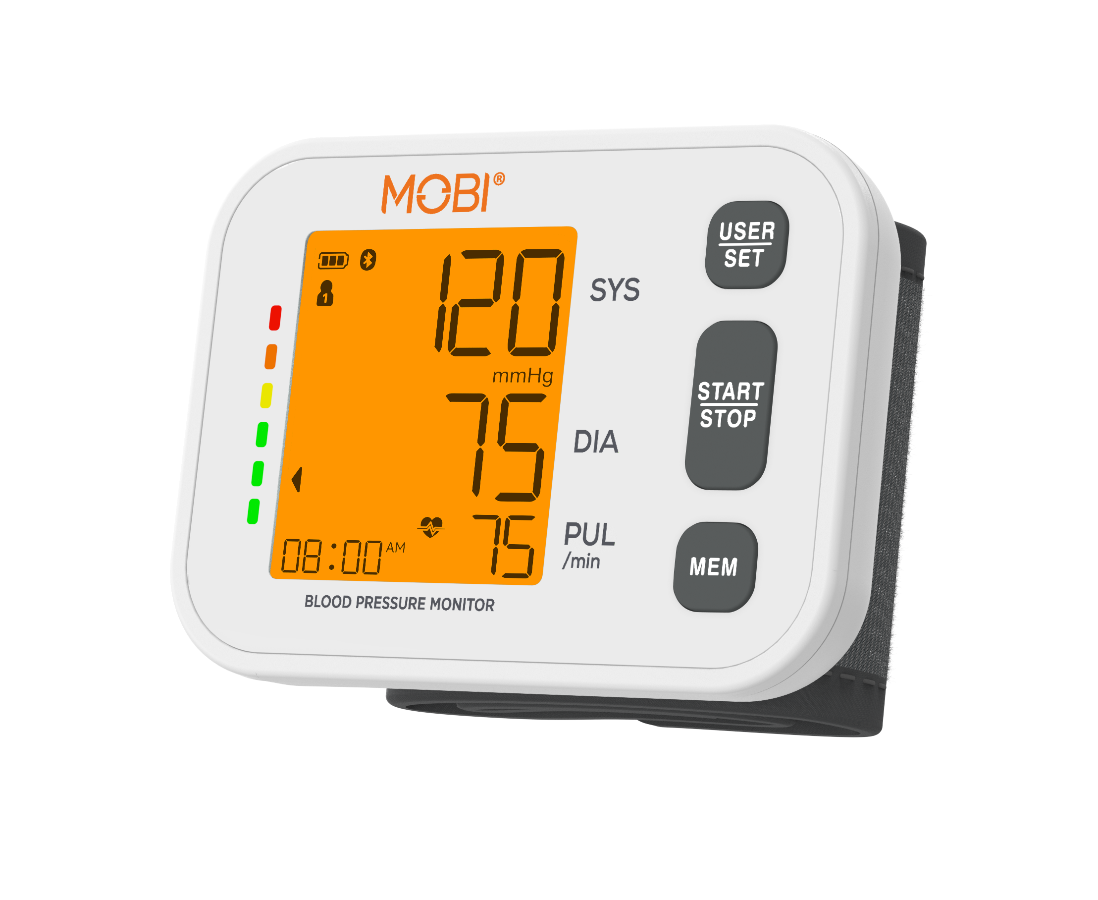 MOBI®

120 SYS mmHg  
75 DIA  
75 PUL /min  

08:00 AM  

BLOOD PRESSURE MONITOR  

USER SET  
START STOP  
MEM
