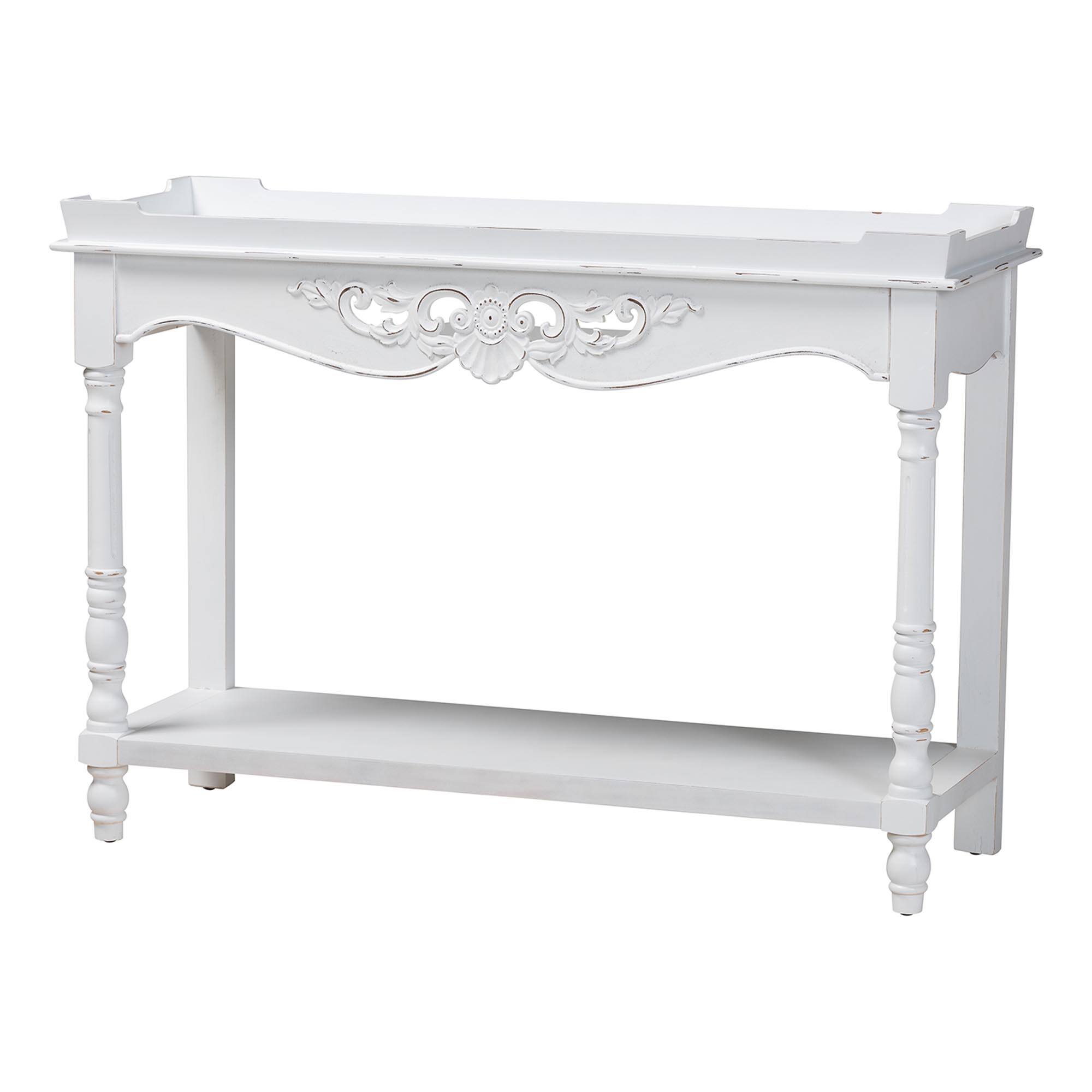Front. Baxton Studio - Rafferty Distressed Console Table - Vintage-Inspired Accent Table with Ornate Carved Apron and Lower Shelf - White.