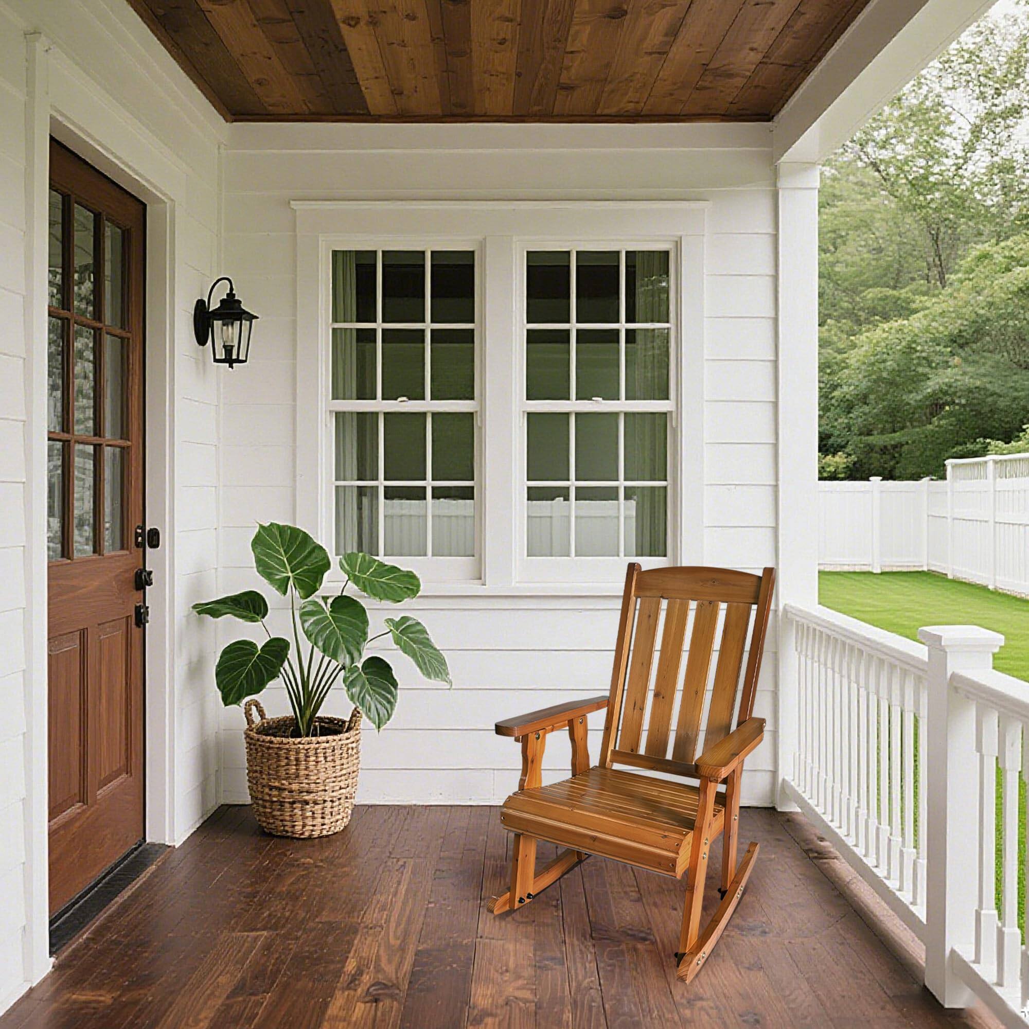 Alt View 1. Fortune Candy - Wooden Patio Rocking Chair with Comfortable Backrest and Deep Contoured Seat, for Both Outdoor and Indoor - Teak Tone.