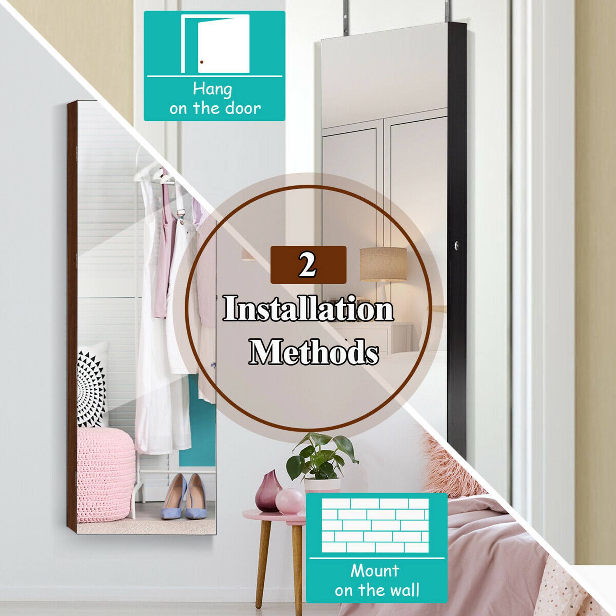2 Installation Methods

- Hang on the door
- Mount on the wall