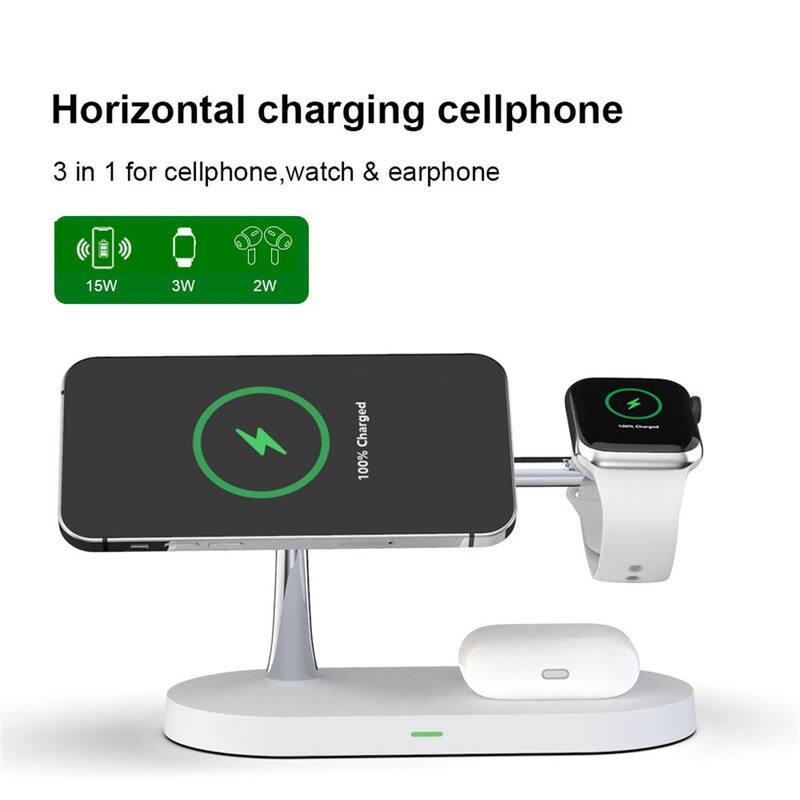 Horizontal charging cellphone  
3 in 1 for cellphone, watch & earphone  
15W 3W 2W  
100% Charged