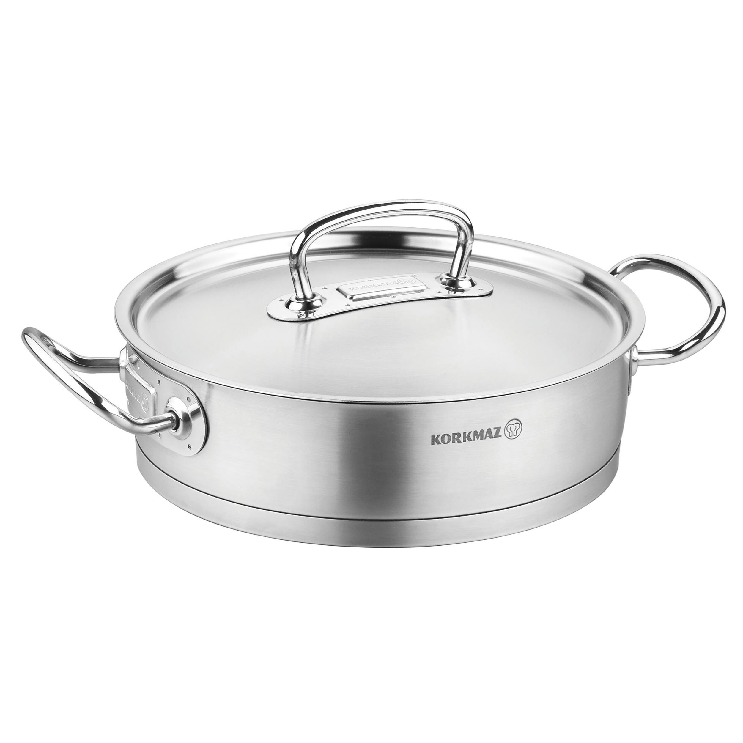 Front. Korkmaz - Korkmaz Proline Professional Series 3.1 Liter Stainless Steel Saute Pan with Lid in Silver - Silver.