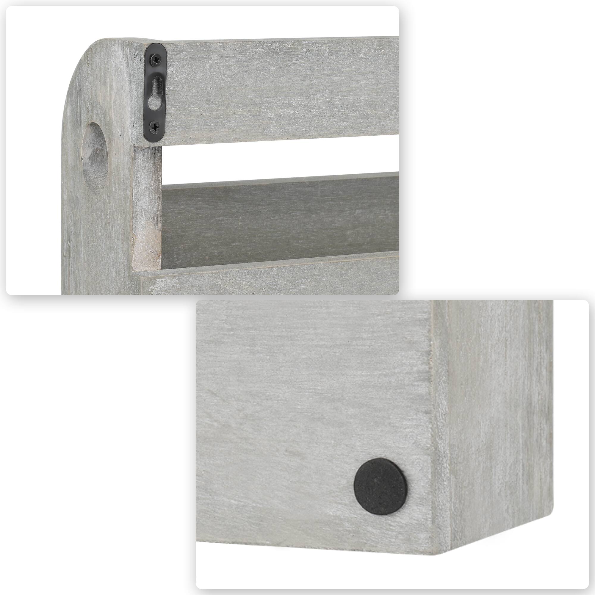 Back. Oumilen - Rustic Greywashed Wood Wall Mount Mail Organizer with 5 Hooks, Entryway Key and Letter Holder with Open Shelf - Gray.