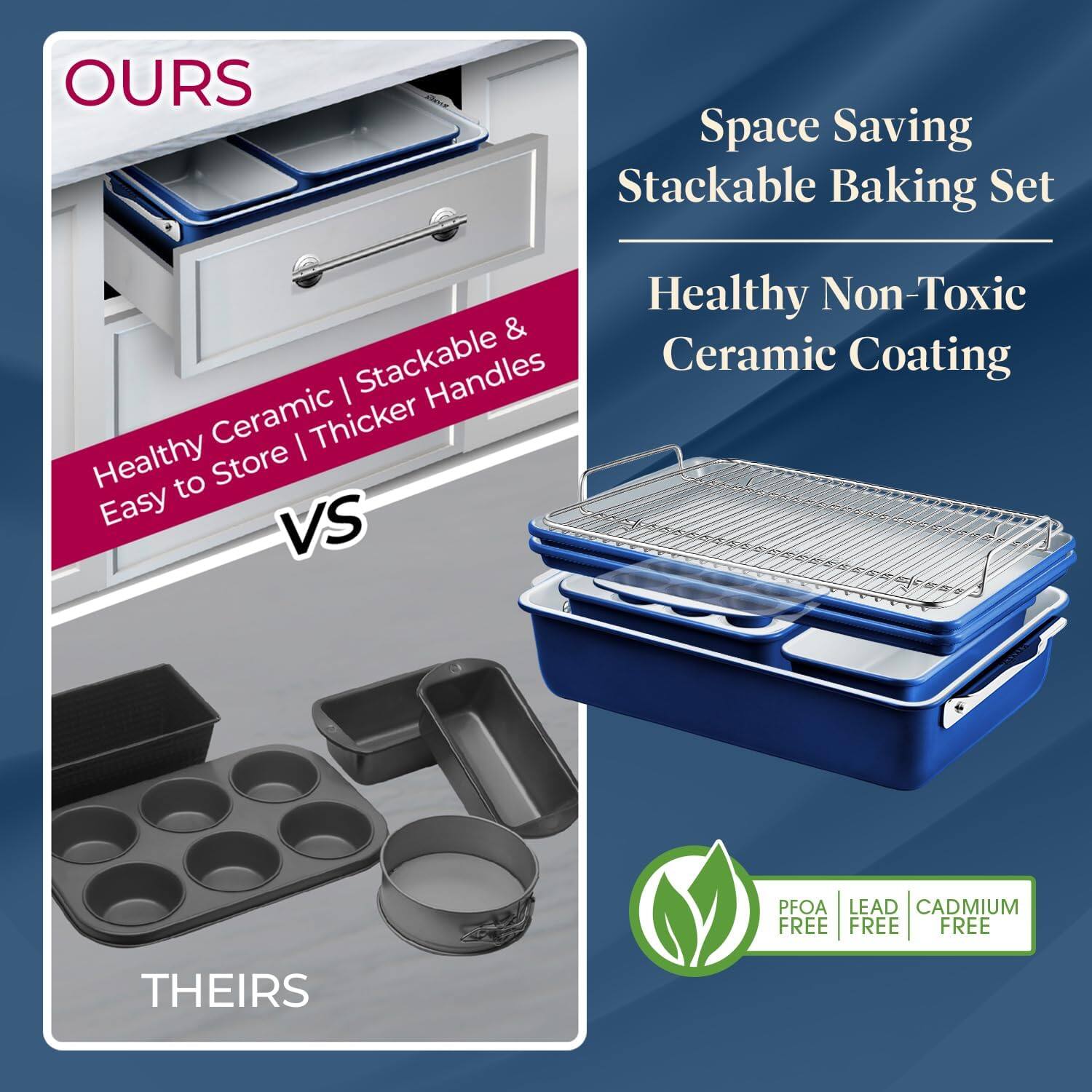 OURS: Space Saving Stackable Baking Set | Healthy Ceramic | Stackable & Thicker Handles | Easy to Store

THEIRS: Healthy Non-Toxic Ceramic Coating

PFOA | LEAD | CADMIUM FREE FREE FREE