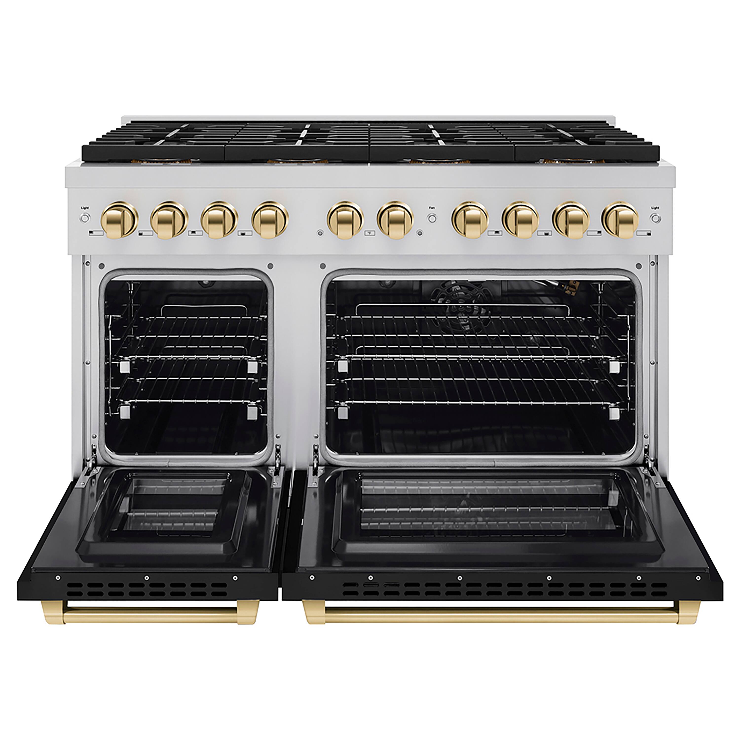 Angle. ZLINE - ZLINE Autograph 48 in. Paramount Gas Range with 8 DuoPro Burners & Black Doors w/ Gold Accents (PSGRZ-BLM-48-G) - Stainless Steel with Black Matte Door.