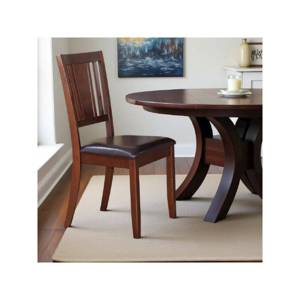 Angle. FurniFact - Elegant Wooden Dining Chairs Set of 2 Faux Leather Seat for Kitchen - Mahogany.