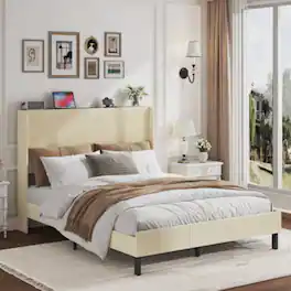 LUCKY ONE - Queen Size Platform Bed , Metal Bed Frame with Charging Station - Beige