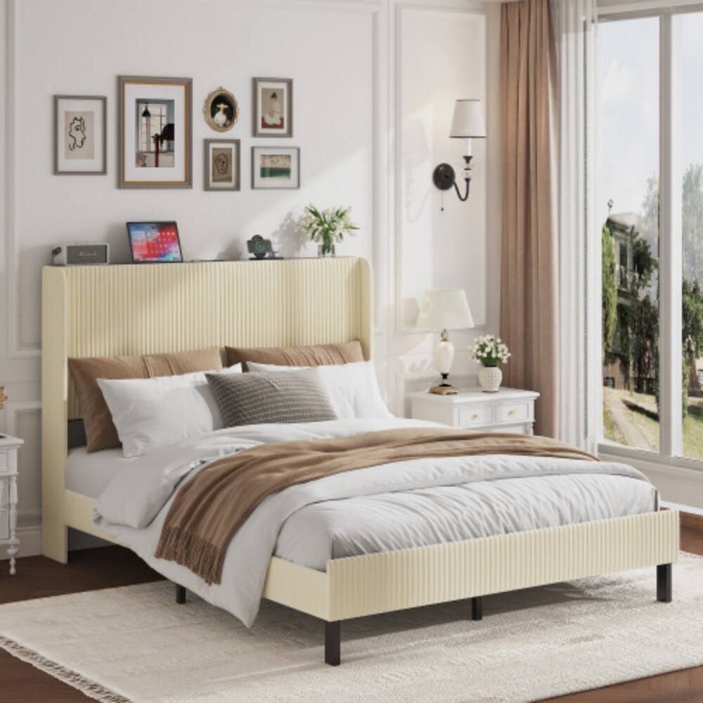 Front. LUCKY ONE - Queen Size Platform Bed , Metal Bed Frame with Charging Station - Beige.