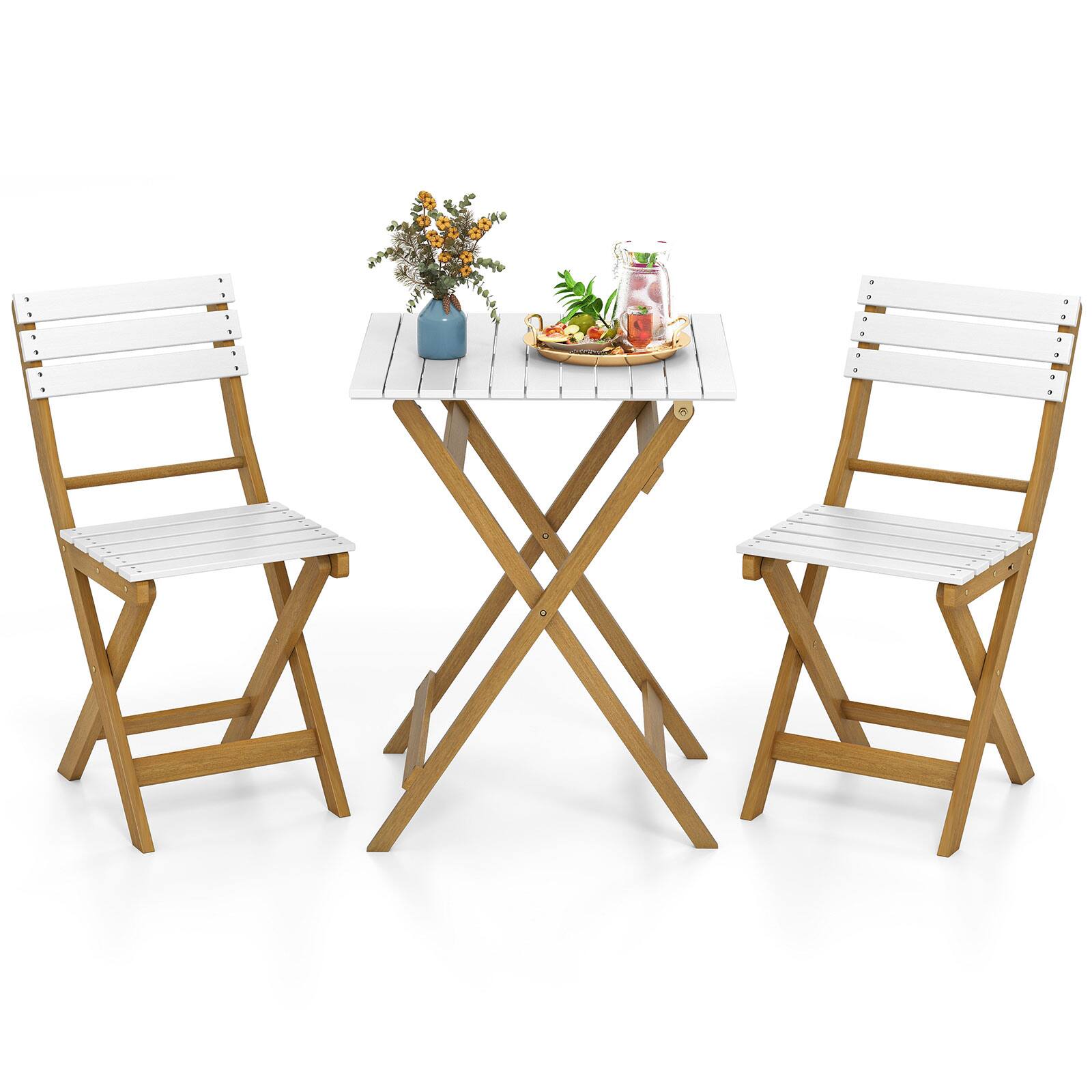 Alt View 7. Gymax - Gymax 3-Piece Folding Patio Bistro Set w/ Slatted Design Small Outdoor Furniture Set - Natural, White.
