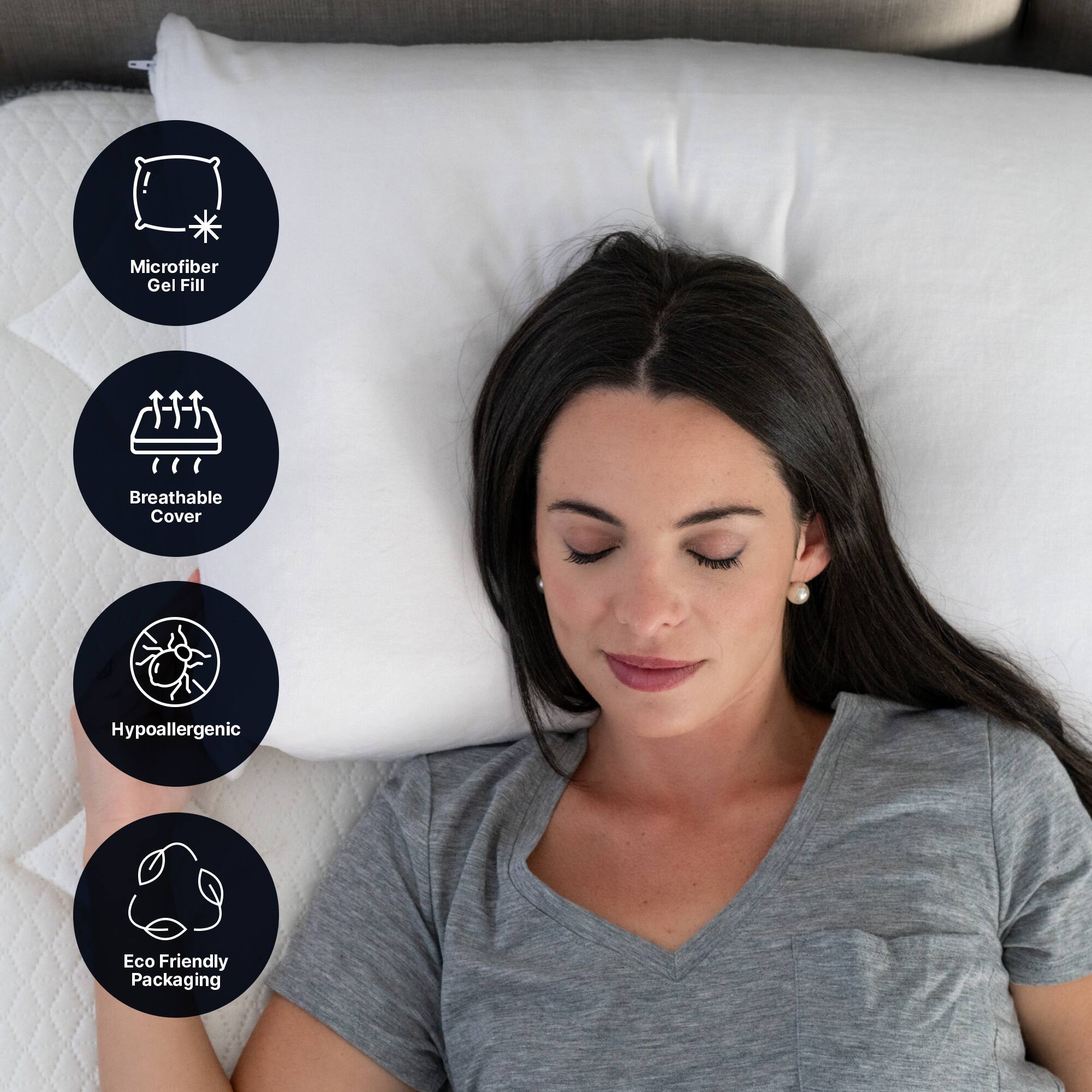 The largest text reads "Microfiber Gel Fill Breathable Cover Hypoallergenic Eco Friendly Packaging." The text is cleaned up to be more organized and easier to read.