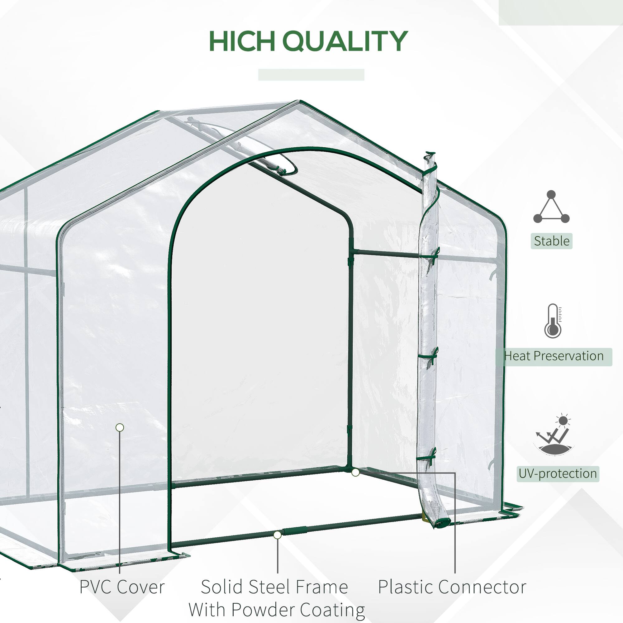 HICH QUALITY
Stable
Heat Preservation
UV-protection
PVC Cover
Solid Steel Frame With Powder Coating
Plastic Connector