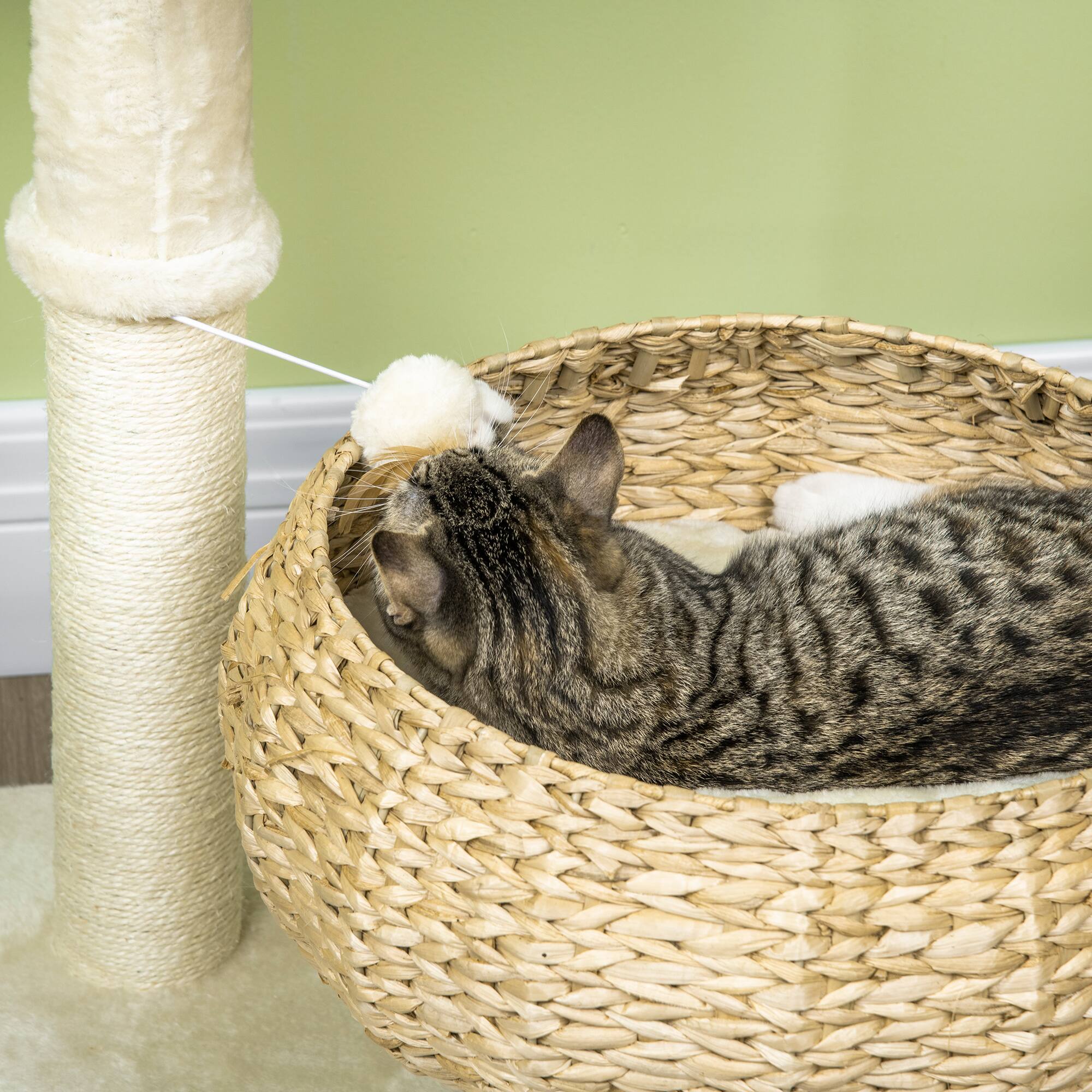 Alt View 4. Pawhut - 28" Elevated Cat Bed with Sisal Scratching Post, Modern Cat Tree with Cute Basket Design, Cat Tree with Fun Ball Toy - Beige.