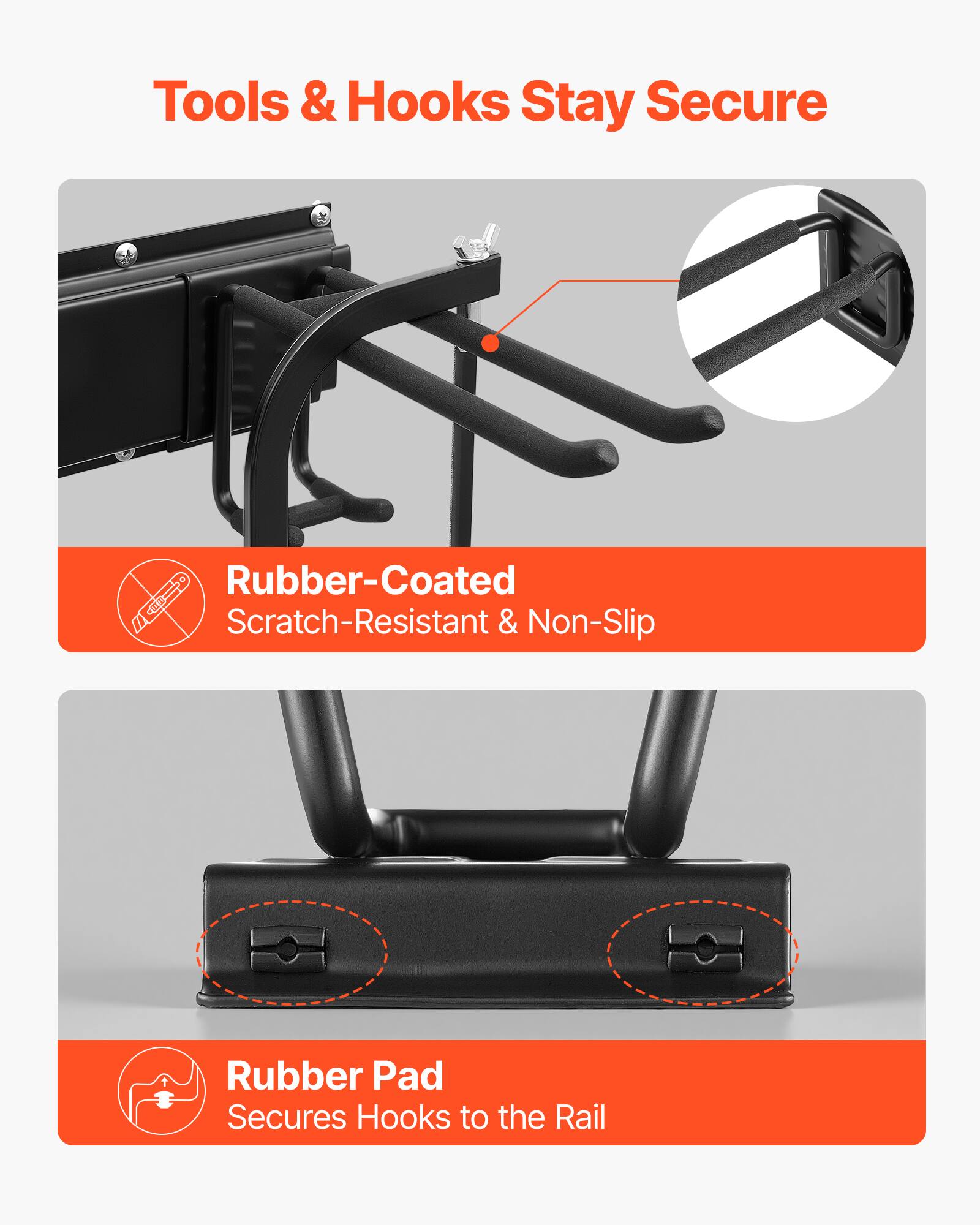 Tools & Hooks Stay Secure

Rubber-Coated Scratch-Resistant & Non-Slip

Rubber Pad Secures Hooks to the Rail