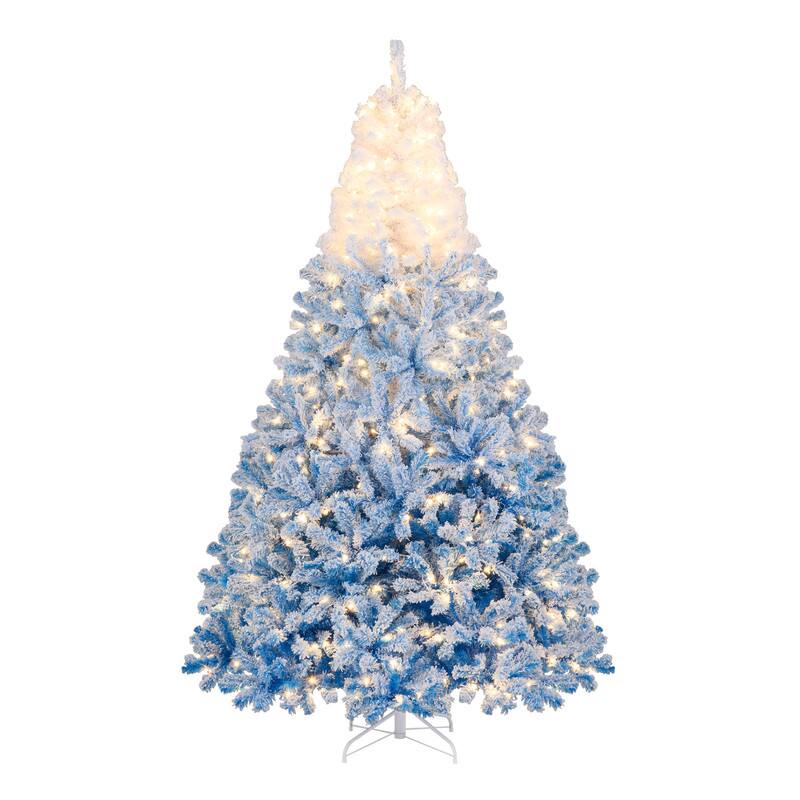 Front. WELLFOR - 8 ft Pre‑Decorated Pre‑Lit Artificial Christmas Tree, Gradient Snow‑Flocked Hinged Xmas Tree with 1774 Branch Tips - White & Blue.