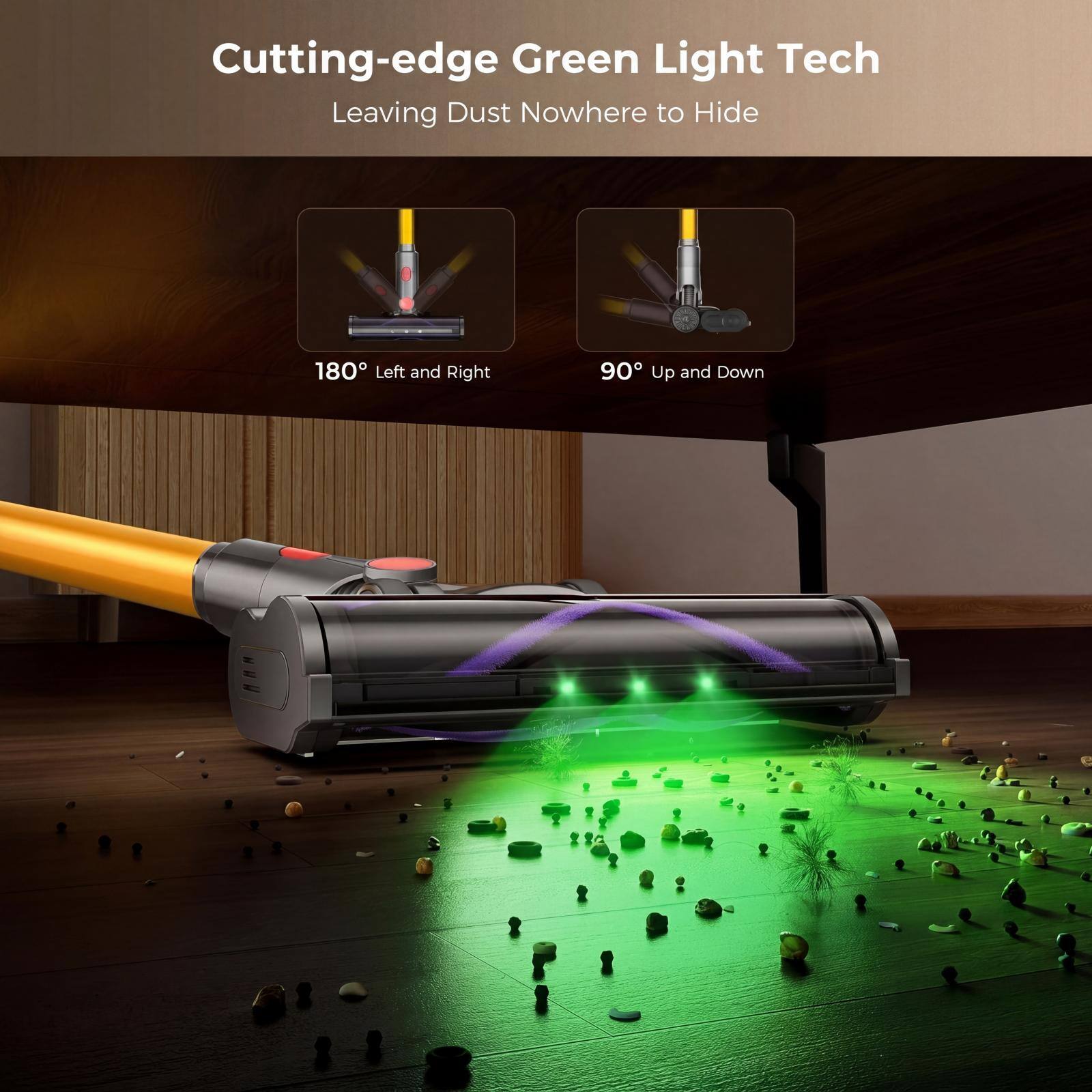 Cutting-edge Green Light Tech  
Leaving Dust Nowhere to Hide  
180° Left and Right  
90° Up and Down