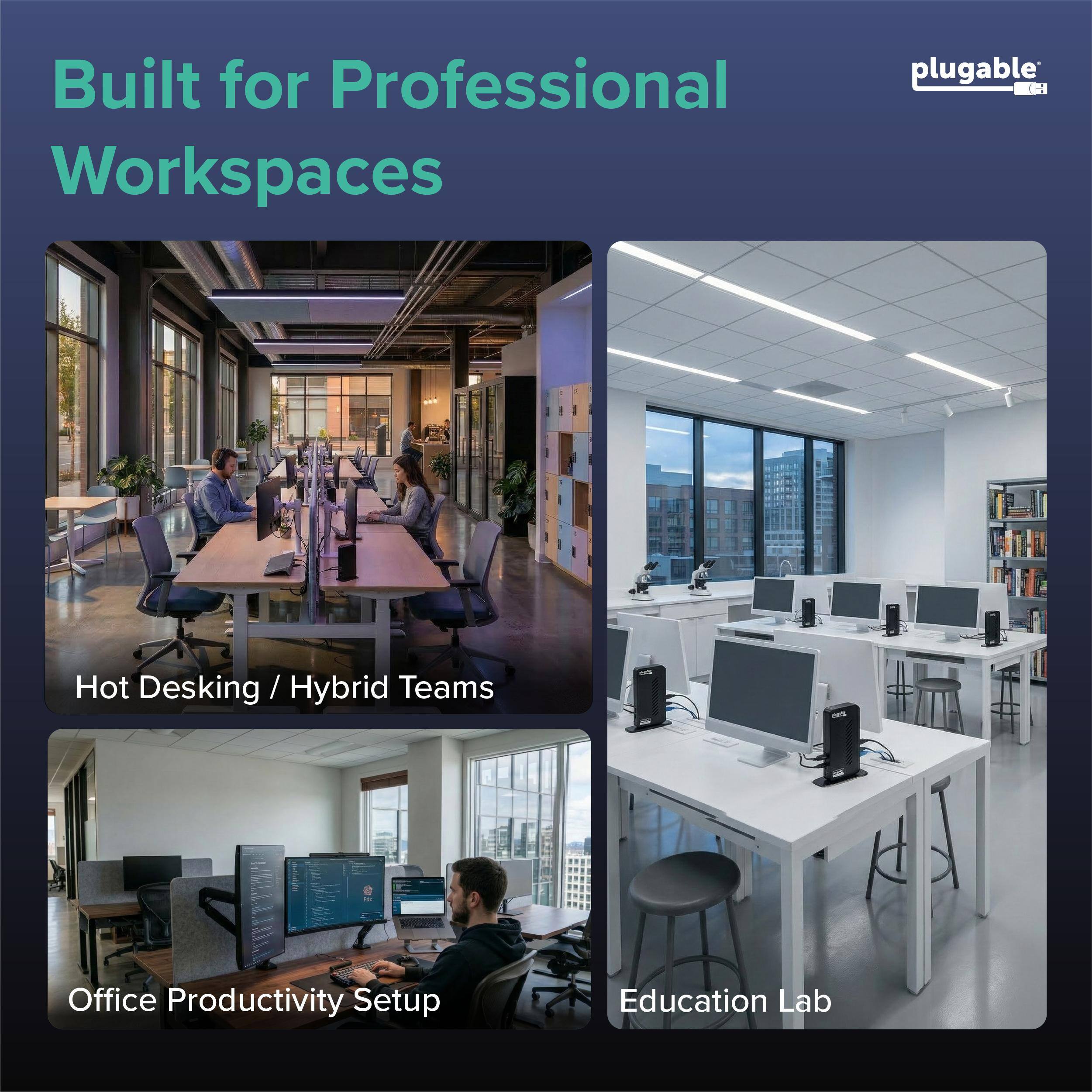 Built for Professional Workspaces

- Hot Desking / Hybrid Teams
- Office Productivity Setup
- Education Lab

plugable