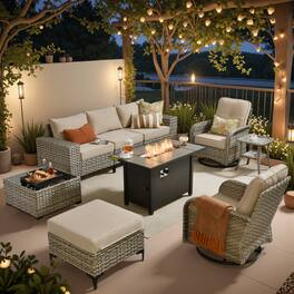 Ovios - 9 PCS Patio Furniture with Fire Pit, Sectional Sofa with Rattan Swivel Chairs, Ottoman & Coffee Table - Beige