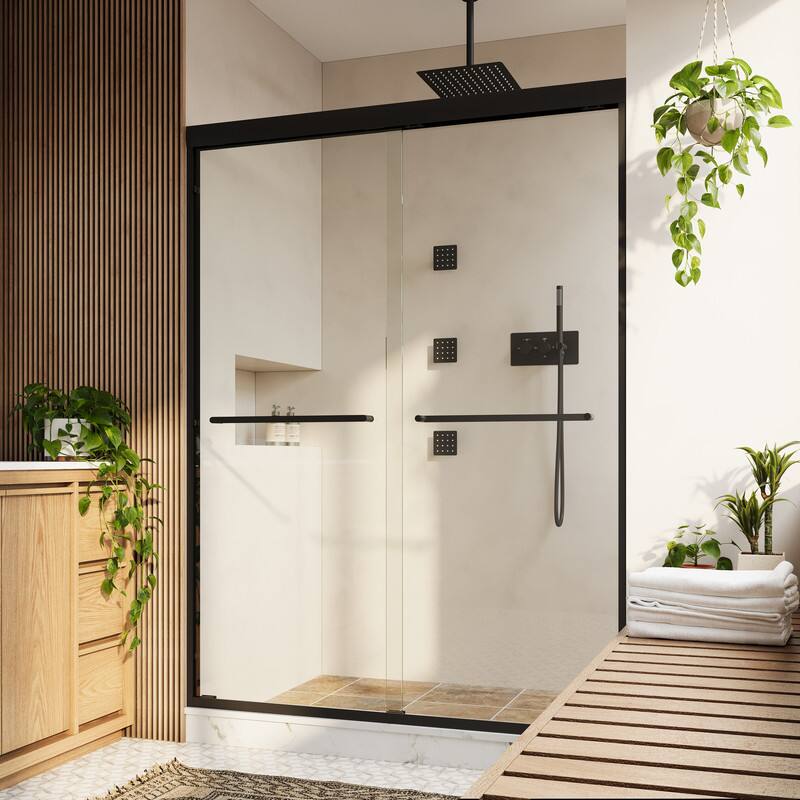 Angle. WELLFOR - 50-54 in W x 72 in H Framed Shower Door with Double Sliding & Stainless Steel Towel Bar Handle, 1/4" Tempered Glass - Matte Black.