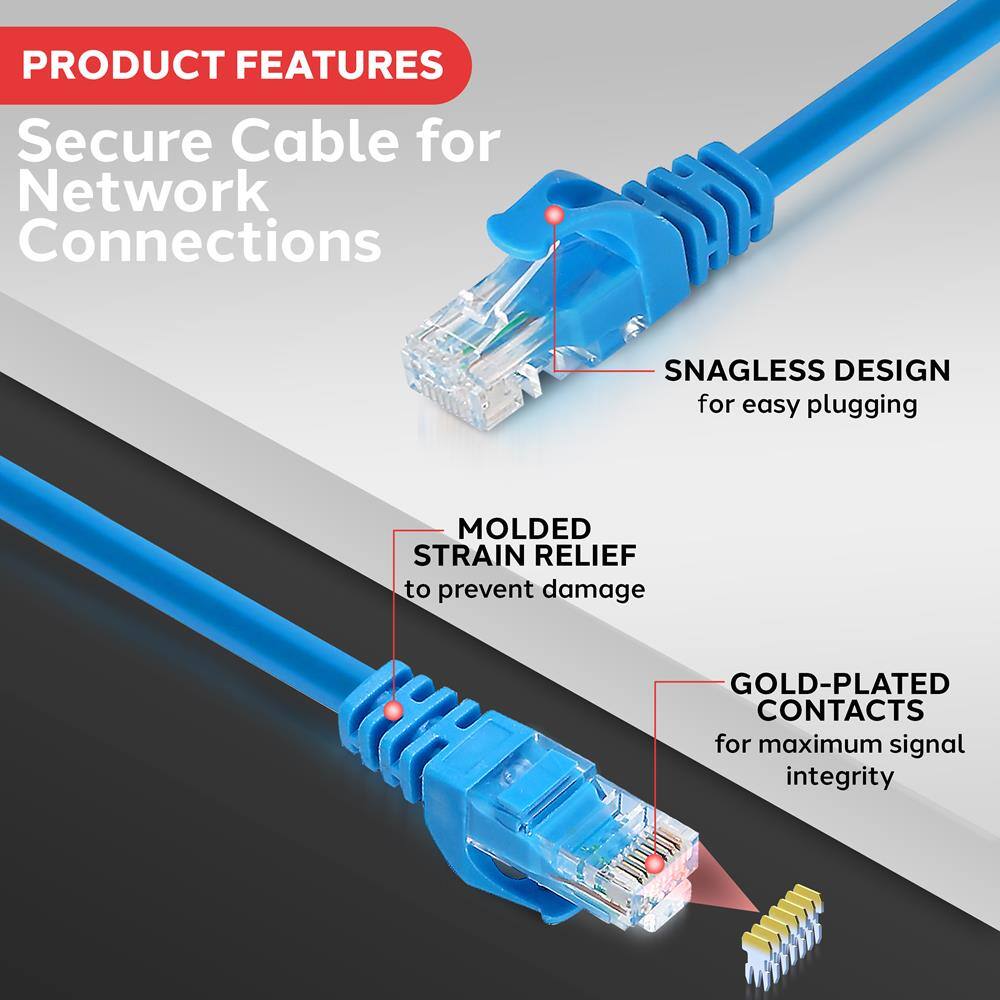 PRODUCT FEATURES

- Secure Cable for Network Connections
- SNAGLESS DESIGN for easy plugging
- MOLDED STRAIN RELIEF to prevent damage
- GOLD-PLATED CONTACTS for maximum signal integrity