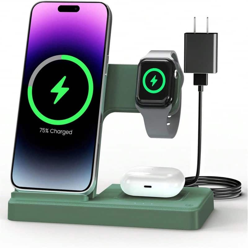 SKRAN - 3-In-1 Wireless Charger Charging Station - 3 In 1 Charger Stand for Apple iPhone, Watch 10 SE Ultra Series, AirPods - Army Green