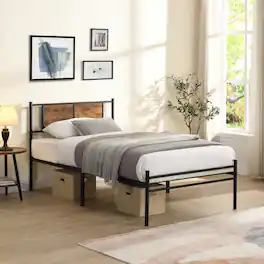 LUCKY ONE - Twin Size Bed Frame with Headboard - Black+Brown